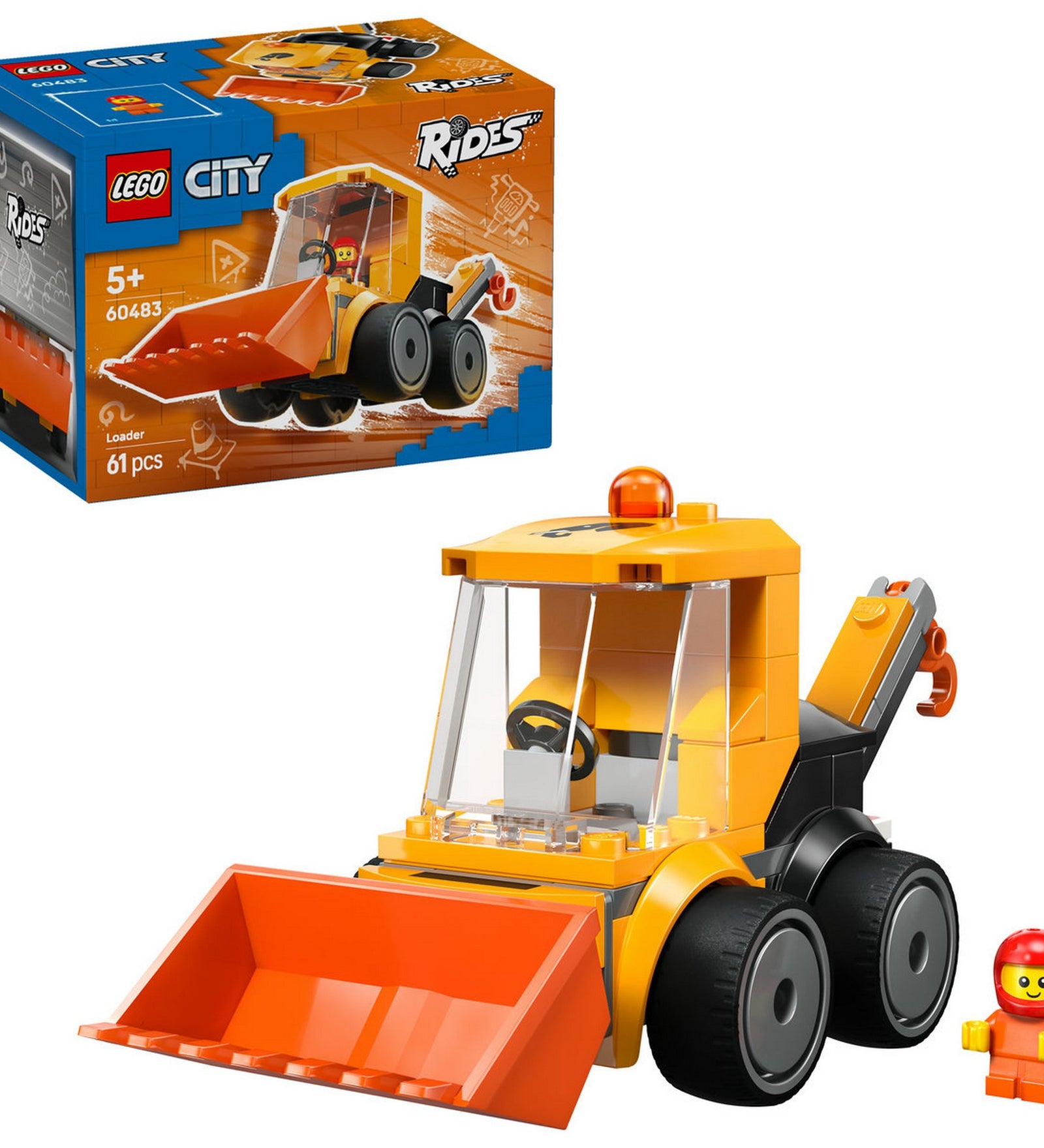 LEGO City Rakodógép 60483 – megépített rakodógép minifigurával és dobozképpel, fehér háttéren.