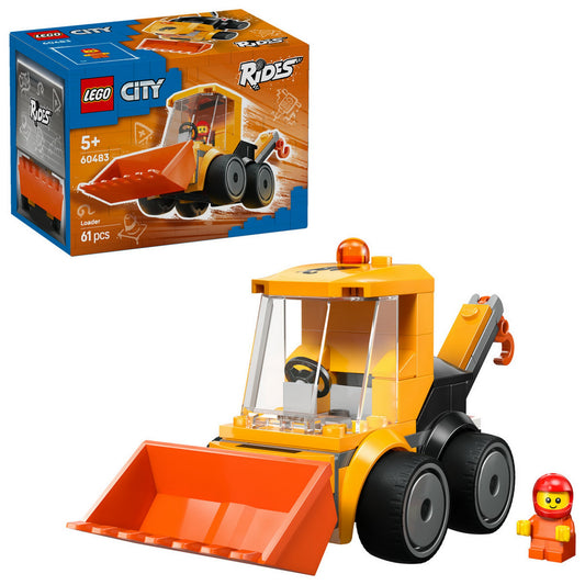 LEGO City Rakodógép 60483 – megépített rakodógép minifigurával és dobozképpel, fehér háttéren.