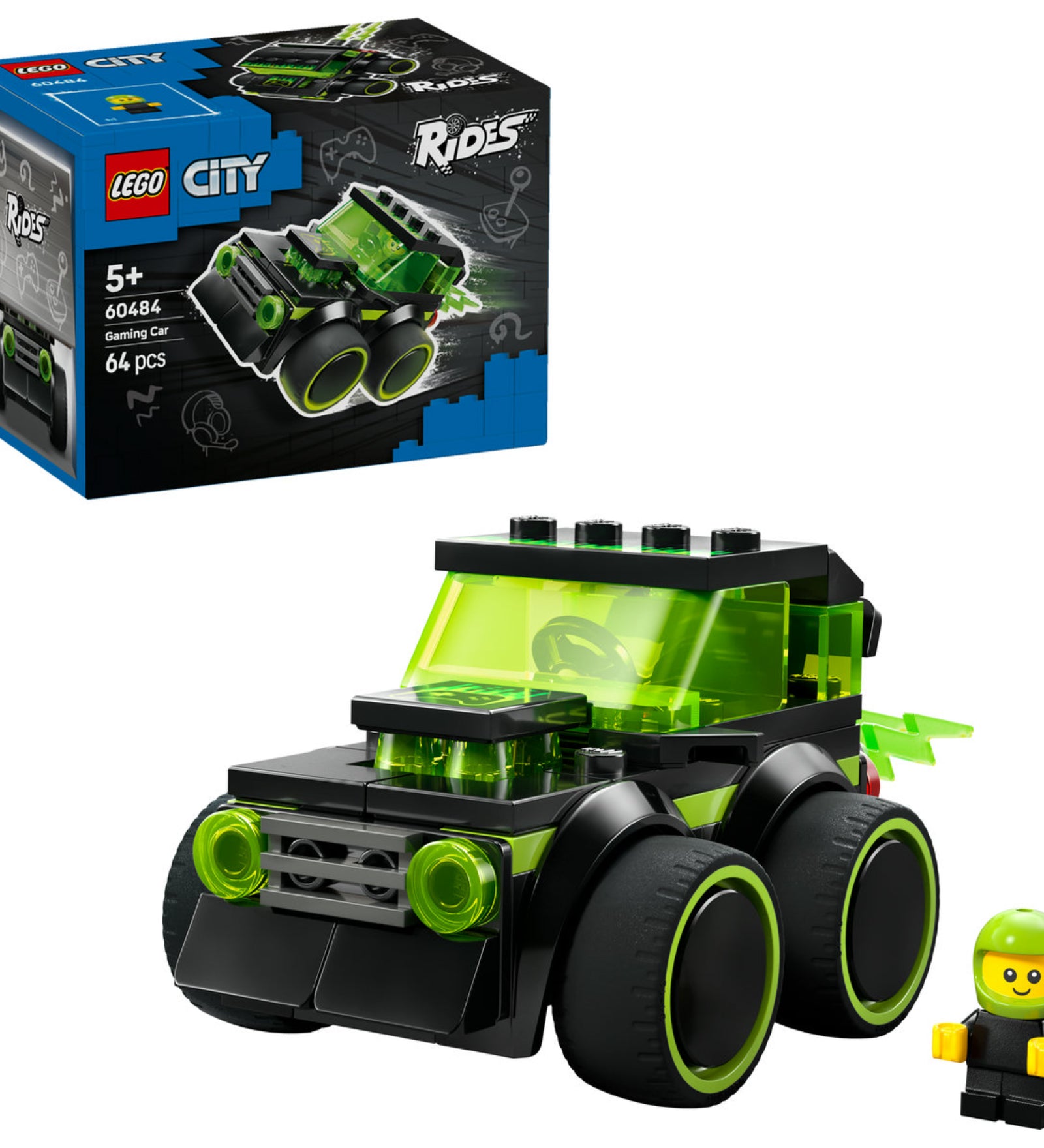 LEGO City Gaming Car (60484) – a megépített gamer autó és a minifigura, átlátszó zöld elemekkel.