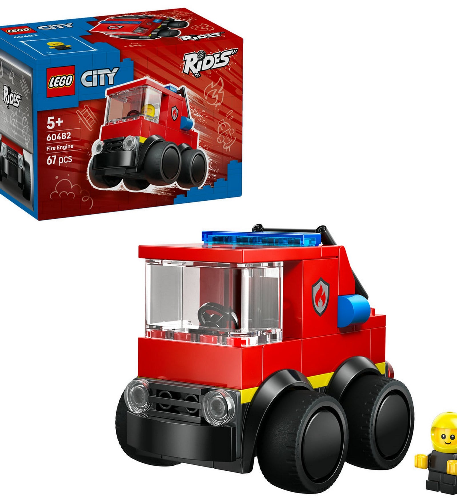 LEGO City Tűzoltóautó 60482 – megépített tűzoltóautó minifigurával, fehér háttéren.