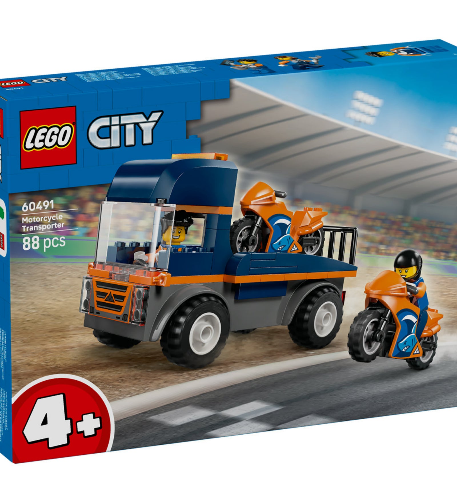 LEGO City Motoros szállító készlet dobozának eleje, teherautóval és versenymotorral.