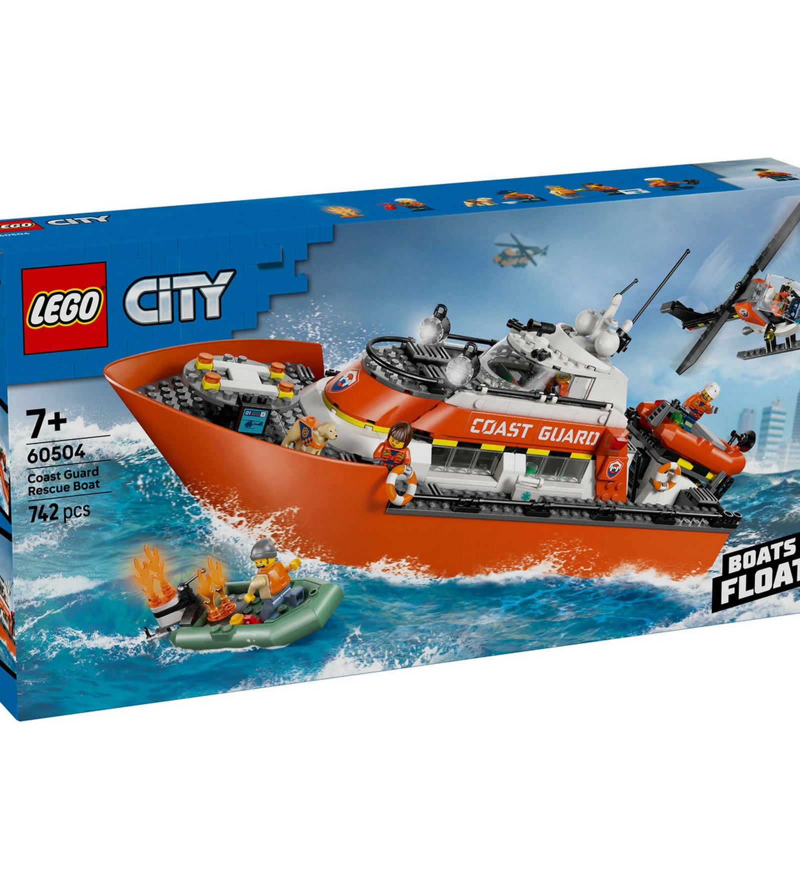 LEGO City Coast Guard Rescue Boat (60504) doboz eleje, amelyen a 742 darabos mentőhajó készlet látható tengeri mentési akcióban, helikopterrel és vízbe esett minifigurával.