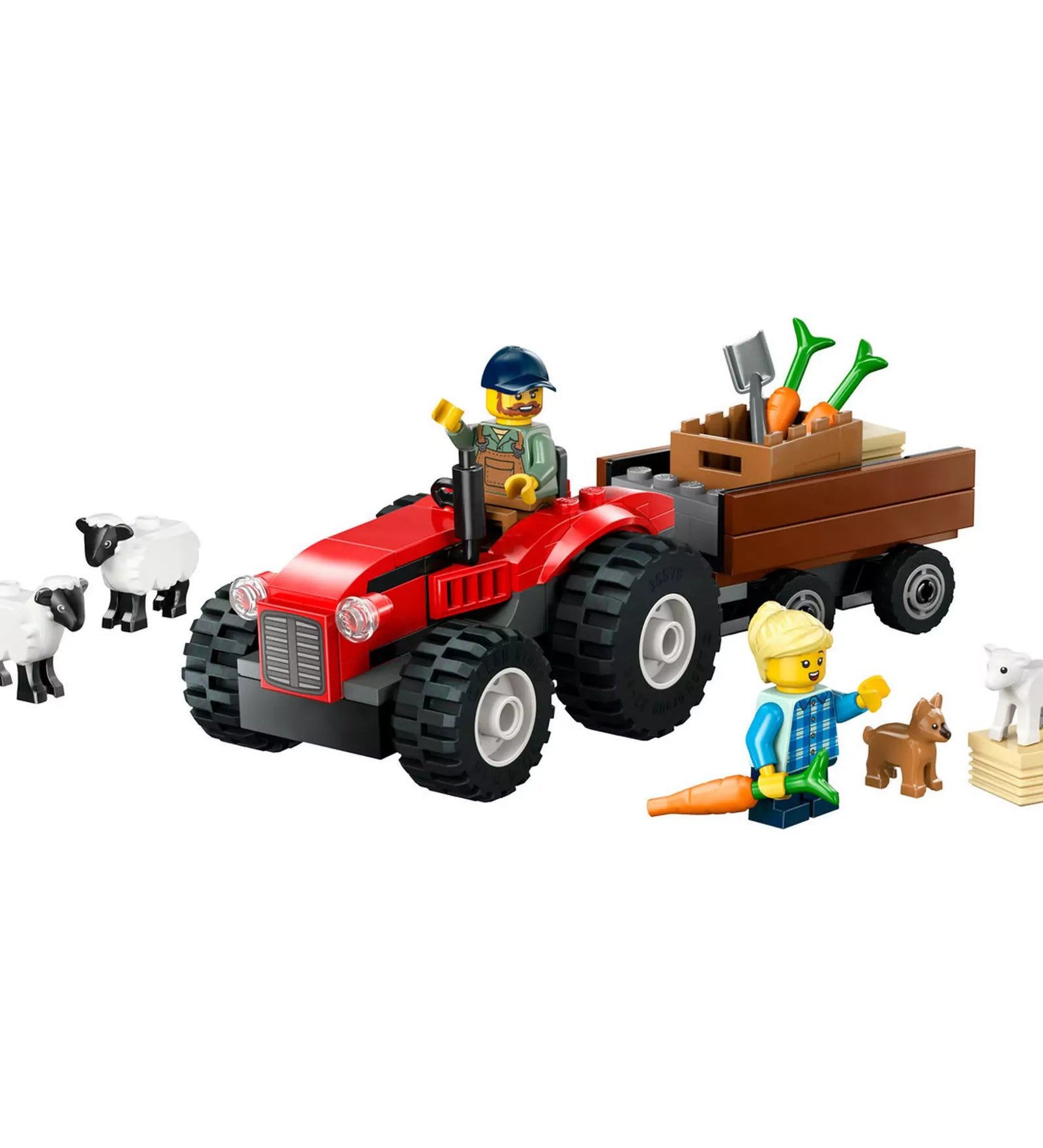 Részletgazdag jelenet a LEGO City Piros traktor, utánfutó és juhok (60461) szettből, a traktor és a vidám farmos szereplők bemutatásával.