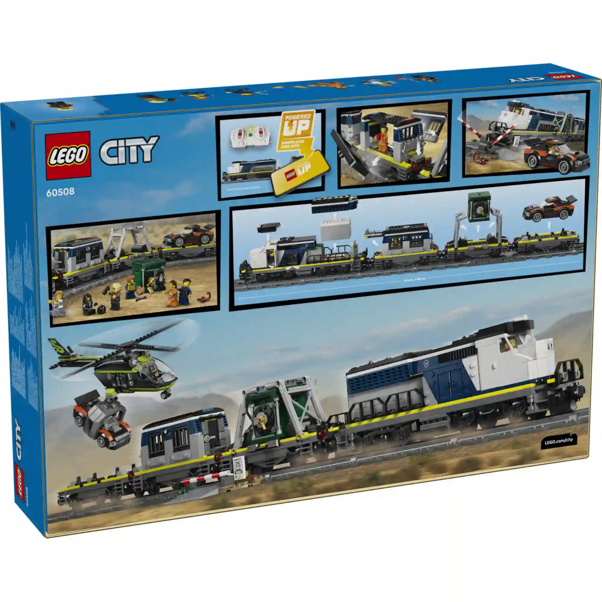 LEGO City 60508 Police Train Heist hátoldali dobozkép, játéklehetőségekkel és jelenetekkel a vonatrablás akcióból.