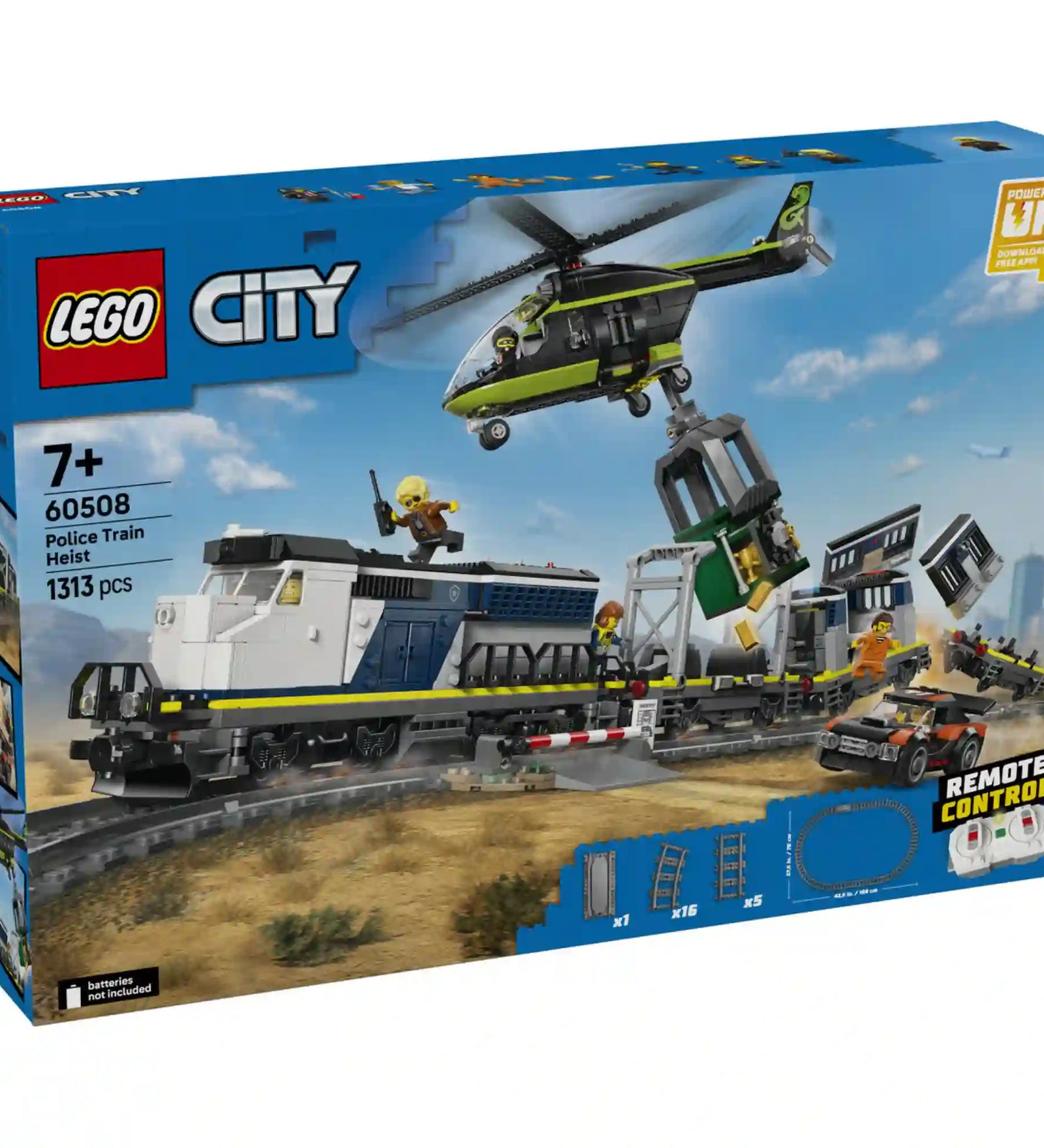 LEGO City 60508 Police Train Heist doboz elölnézet, helikopterrel felemelt széffel és akció közbeni vonattal.