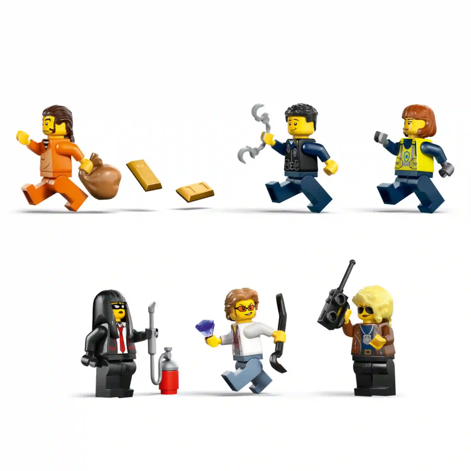 LEGO City 60508 Police Train Heist minifigurák, rendőrök és rablók aranyrudakkal és felszereléssel.