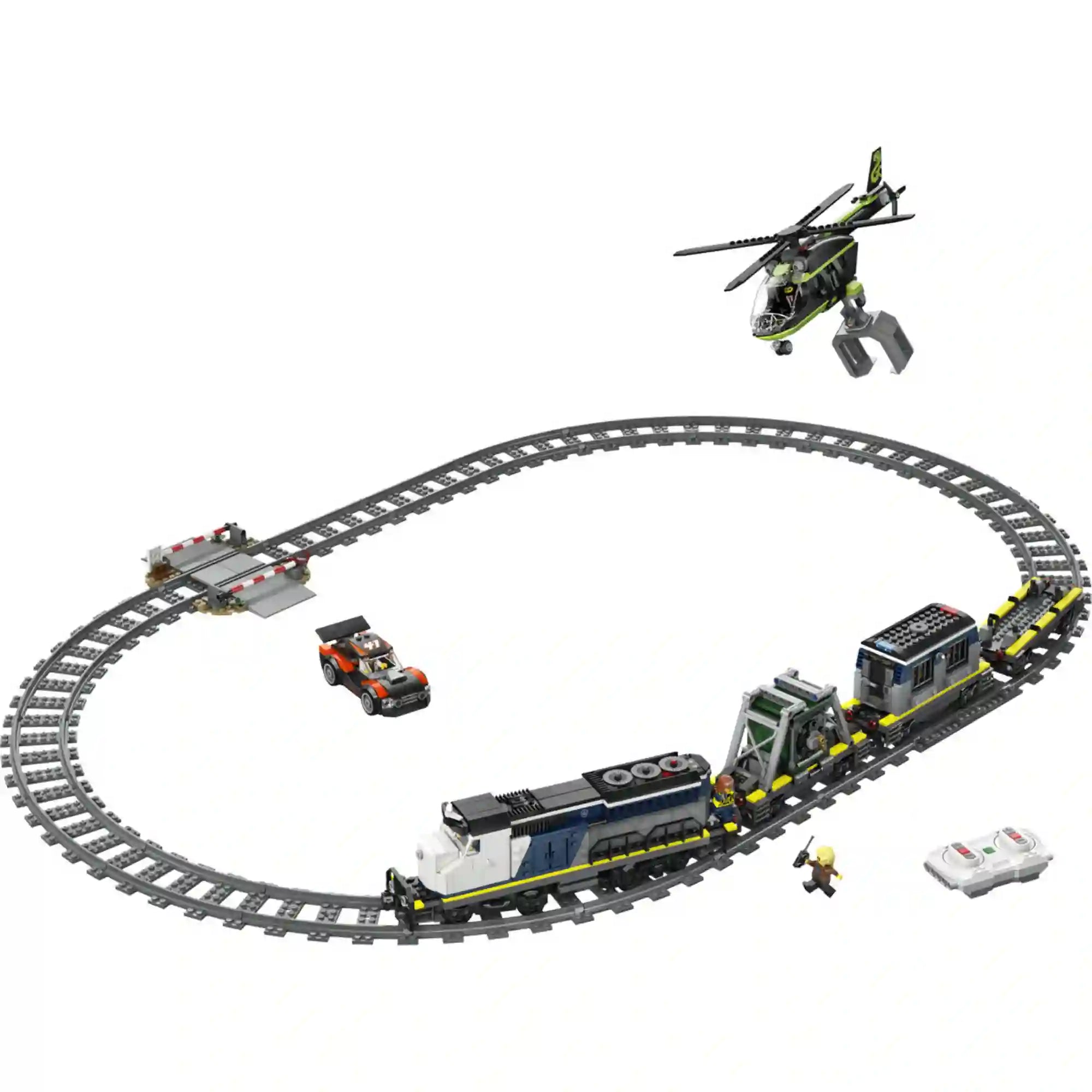 LEGO City 60508 Police Train Heist teljes sínpálya felülnézetben, vonattal, autóval és távirányítóval.