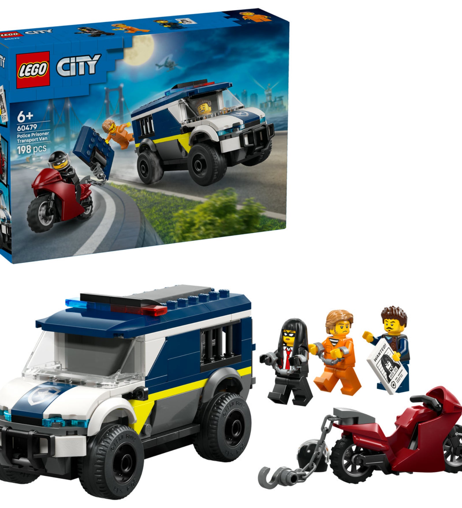 LEGO City Police Prisoner Transport Van (60479) – a megépített rendőrségi furgon, minifigurák és motoros kiegészítők.