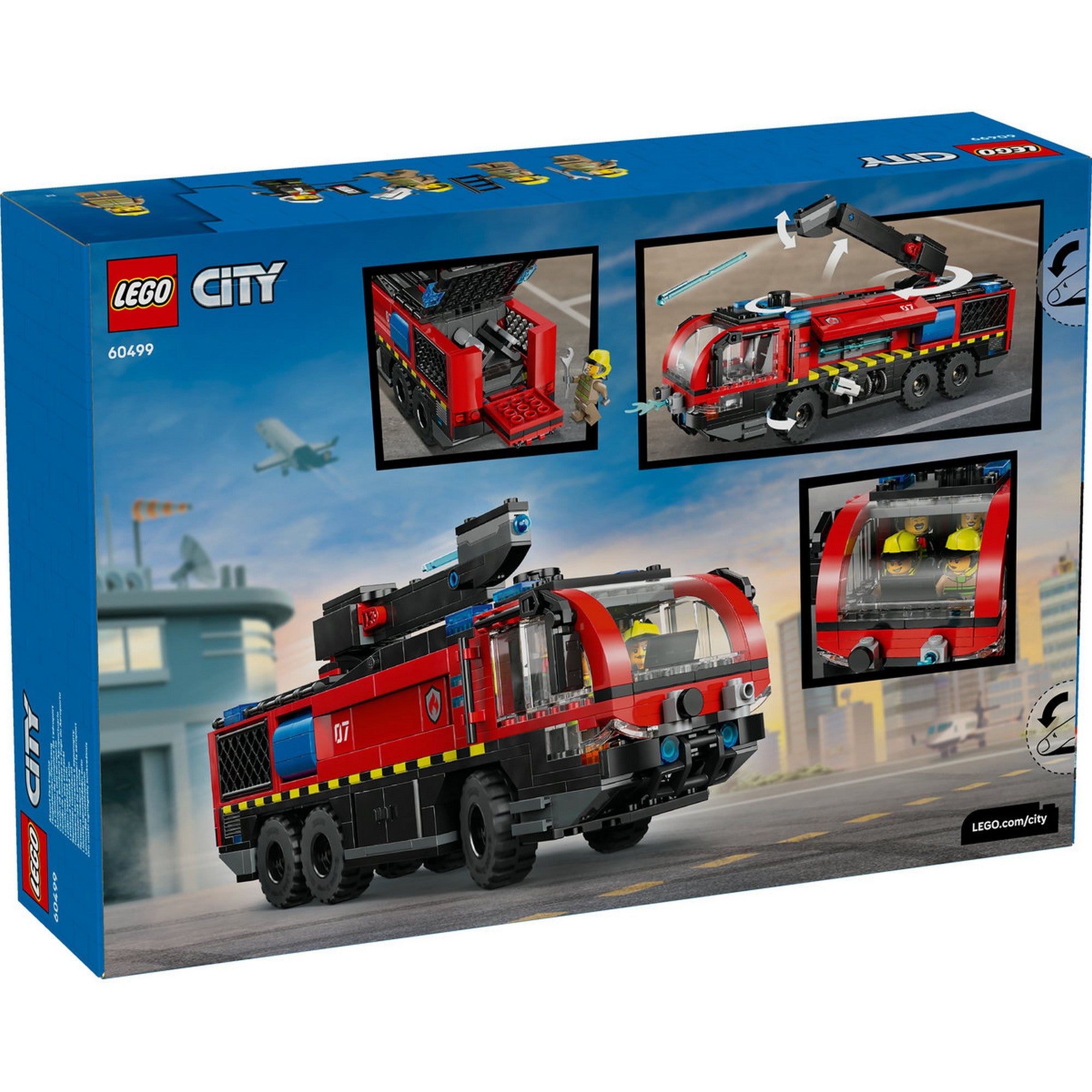 LEGO City Repülőtéri tűzoltóautó 60499 – doboz hátoldala, nyitható elemekkel és játékfunkciókkal.