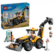 LEGO City: Markoló-rakodógép (60480), 301 darabos készlet teljes tartalma a dobozzal, markoló-rakodógéppel, munkás minifigurával, mobil WC-vel és útépítési kiegészítőkkel.