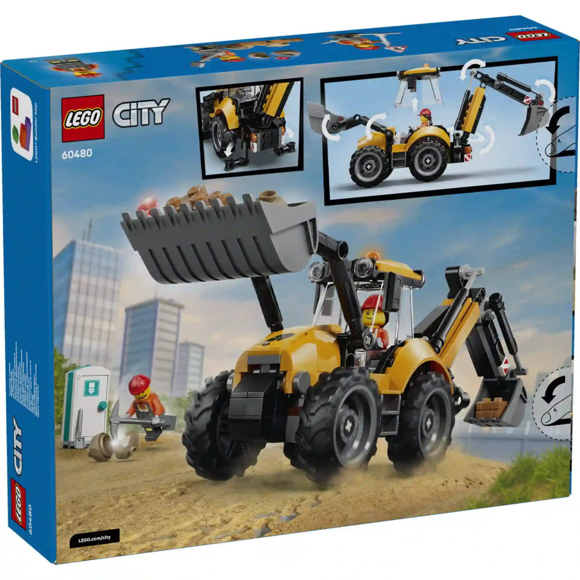LEGO City: Markoló-rakodógép (60480), 301 darabos dobozának hátoldala, amely bemutatja a markoló-rakodógép mozgatható kanál- és markolókar funkcióit.