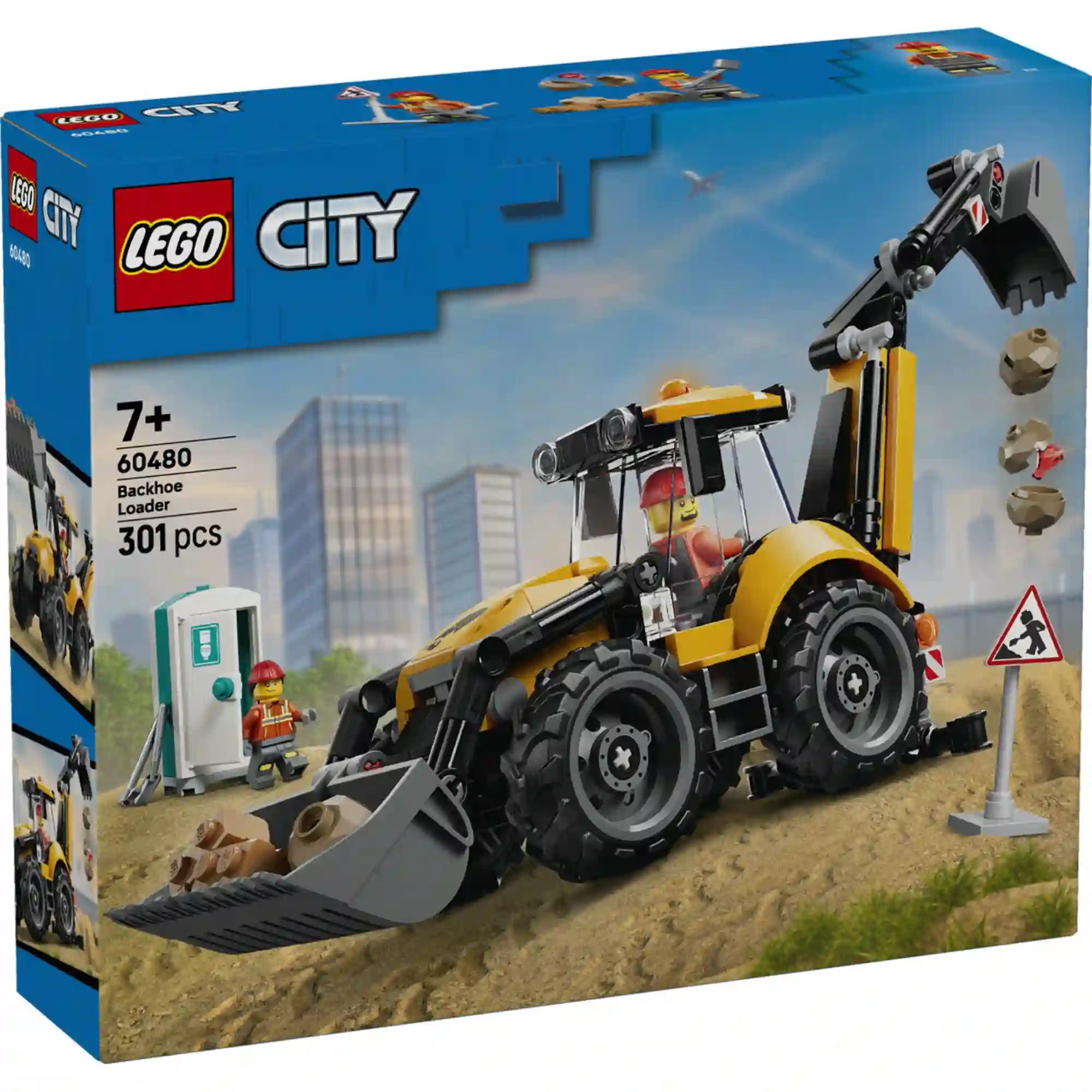 LEGO City: Markoló-rakodógép (60480), 301 darabos dobozképe, sárga markoló-rakodógéppel, építési helyszínnel és munkás minifigurával.