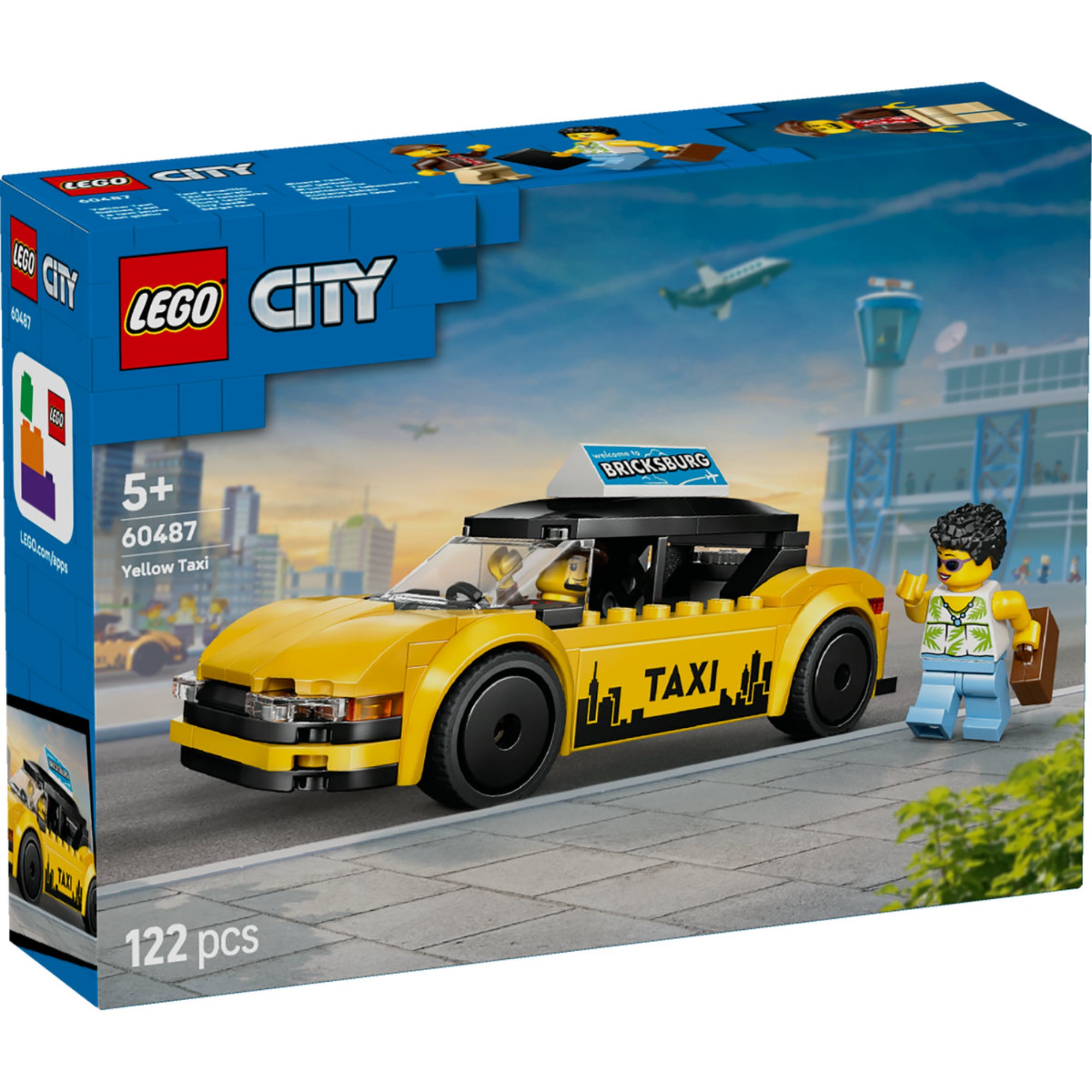 LEGO City Yellow Taxi (60487) – a doboz elölnézete oldalról, a taxi és a minifigura részleteivel.