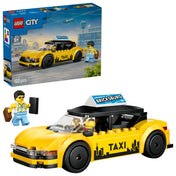LEGO City Yellow Taxi (60487) – a készlet dobozának elölnézete, sárga taxi és utas minifigura városi környezetben.