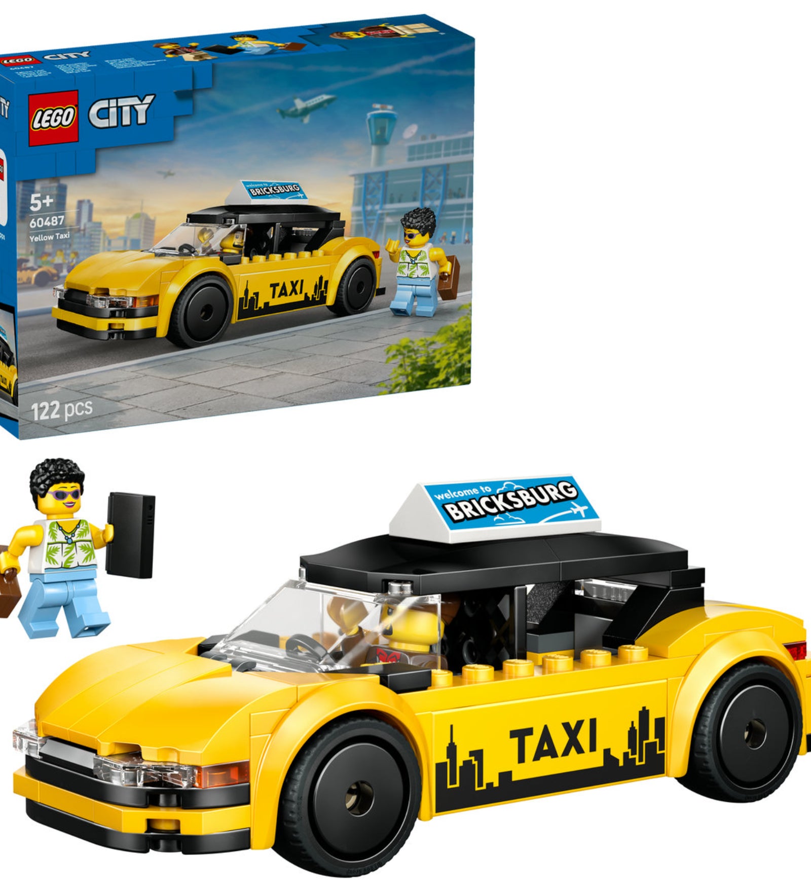 LEGO City Yellow Taxi (60487) – a készlet dobozának elölnézete, sárga taxi és utas minifigura városi környezetben.