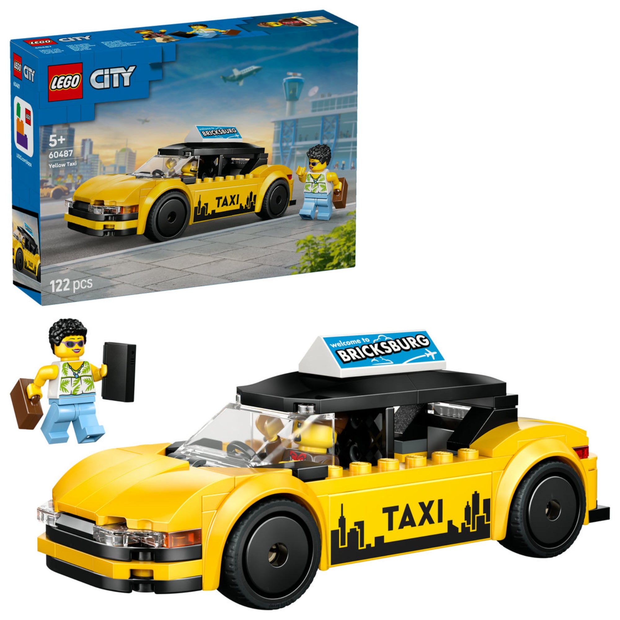 LEGO City Yellow Taxi (60487) – a készlet dobozának elölnézete, sárga taxi és utas minifigura városi környezetben.
