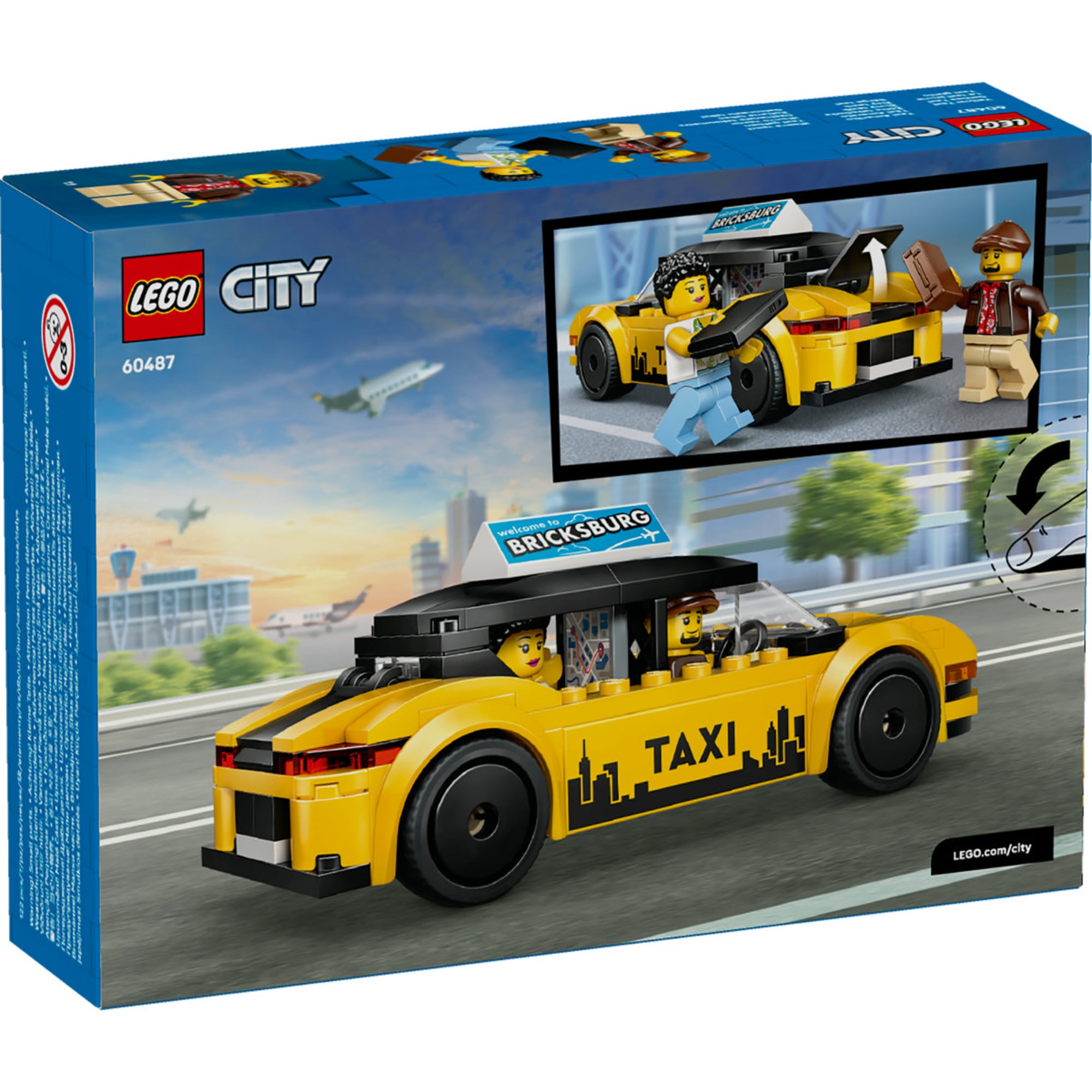 LEGO City Yellow Taxi (60487) – a doboz hátoldala, a taxi nyitható elemei és játékjelenet bemutatása.