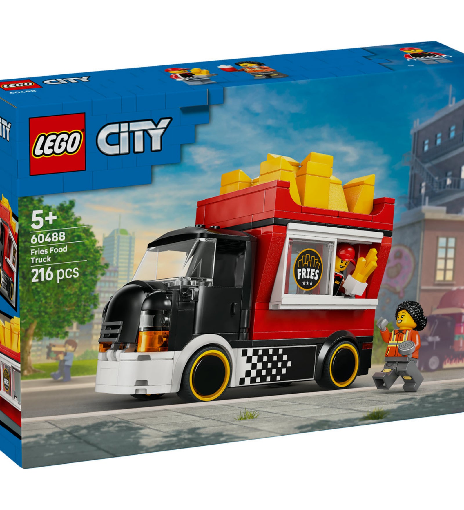 LEGO City Sültkrumplis food truck készlet dobozának eleje, piros-fekete ételes teherautóval.