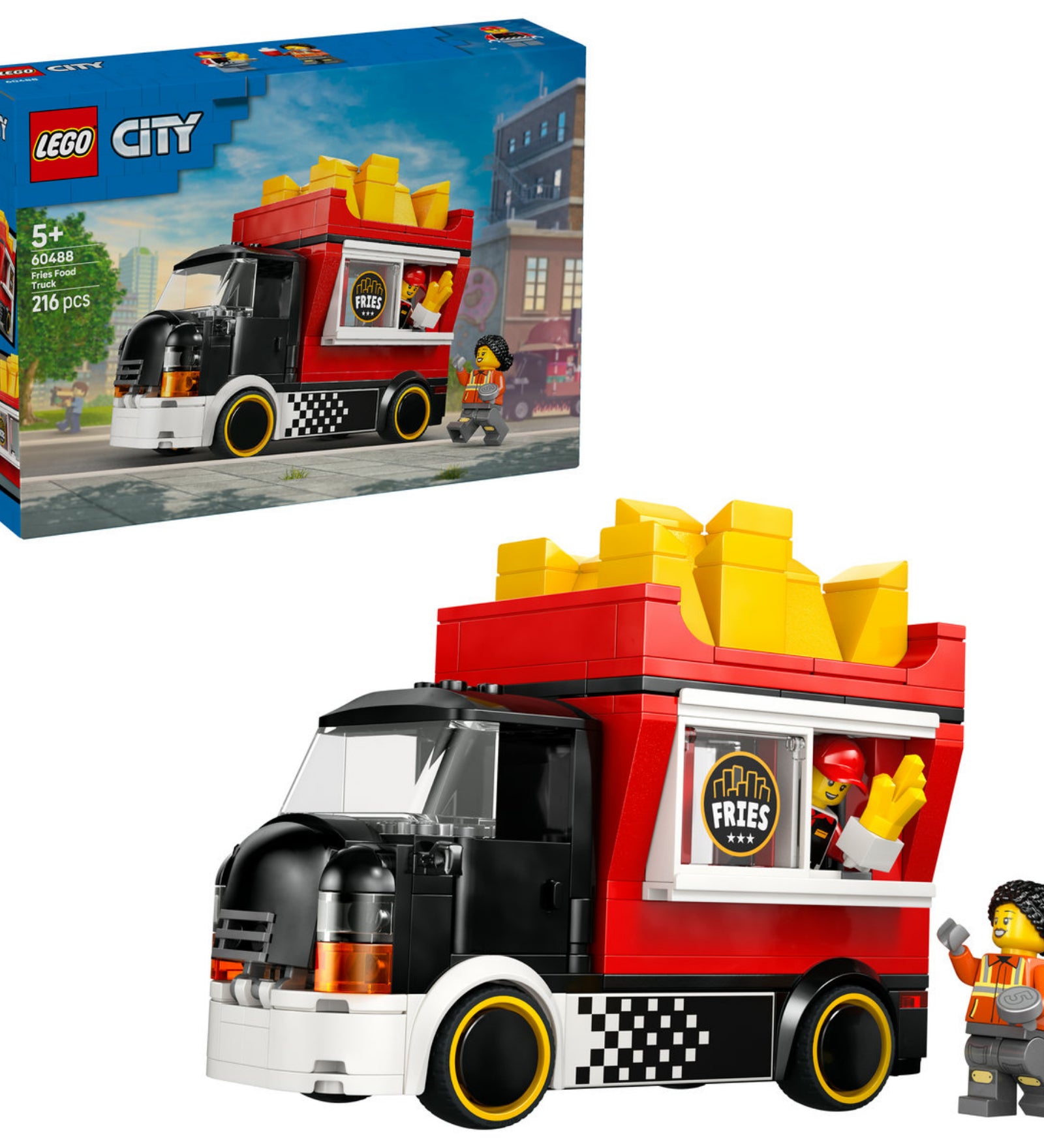 LEGO City 60488 Sültkrumplis food truck készlet doboza és megépített jármű minifigurákkal.