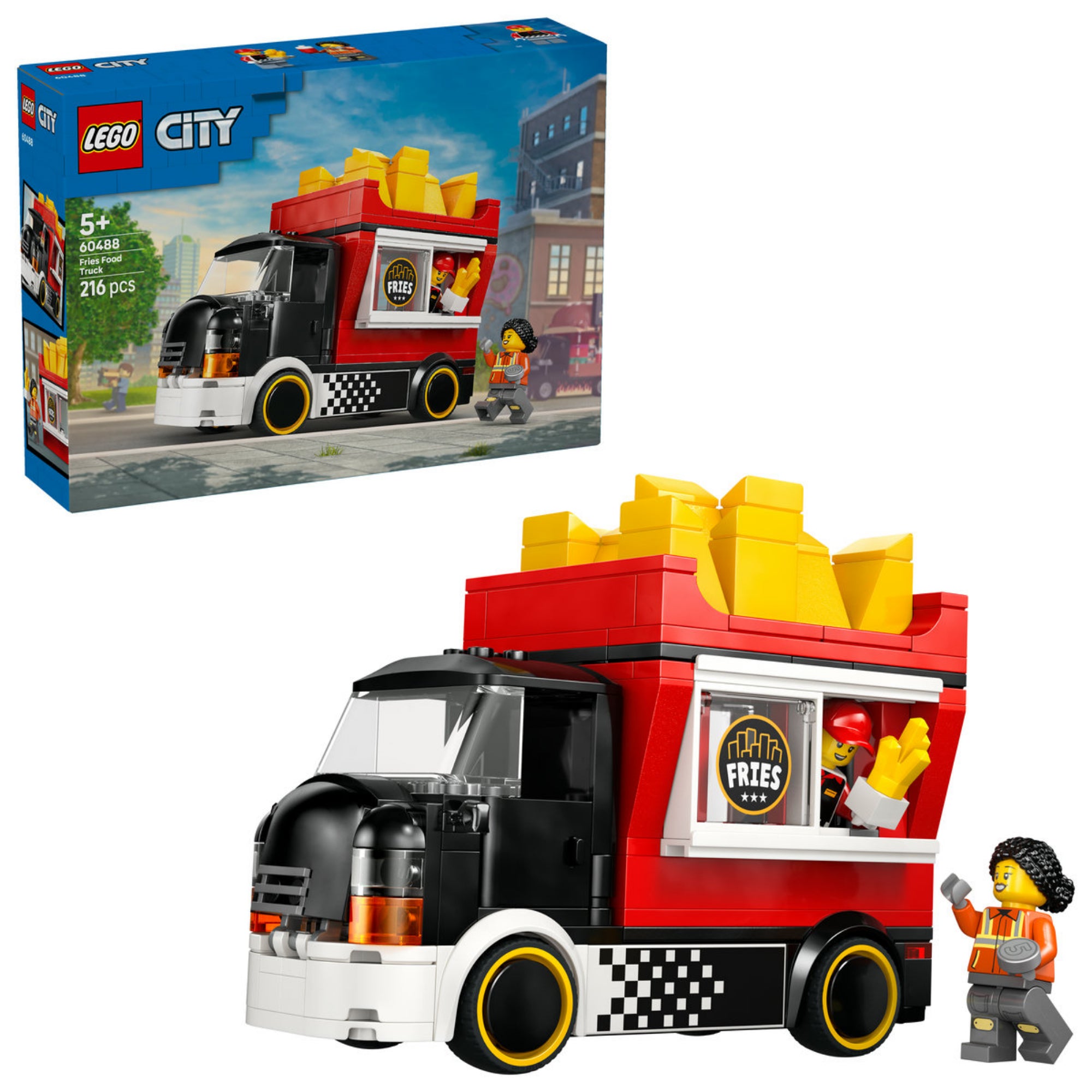 LEGO City 60488 Sültkrumplis food truck készlet doboza és megépített jármű minifigurákkal.