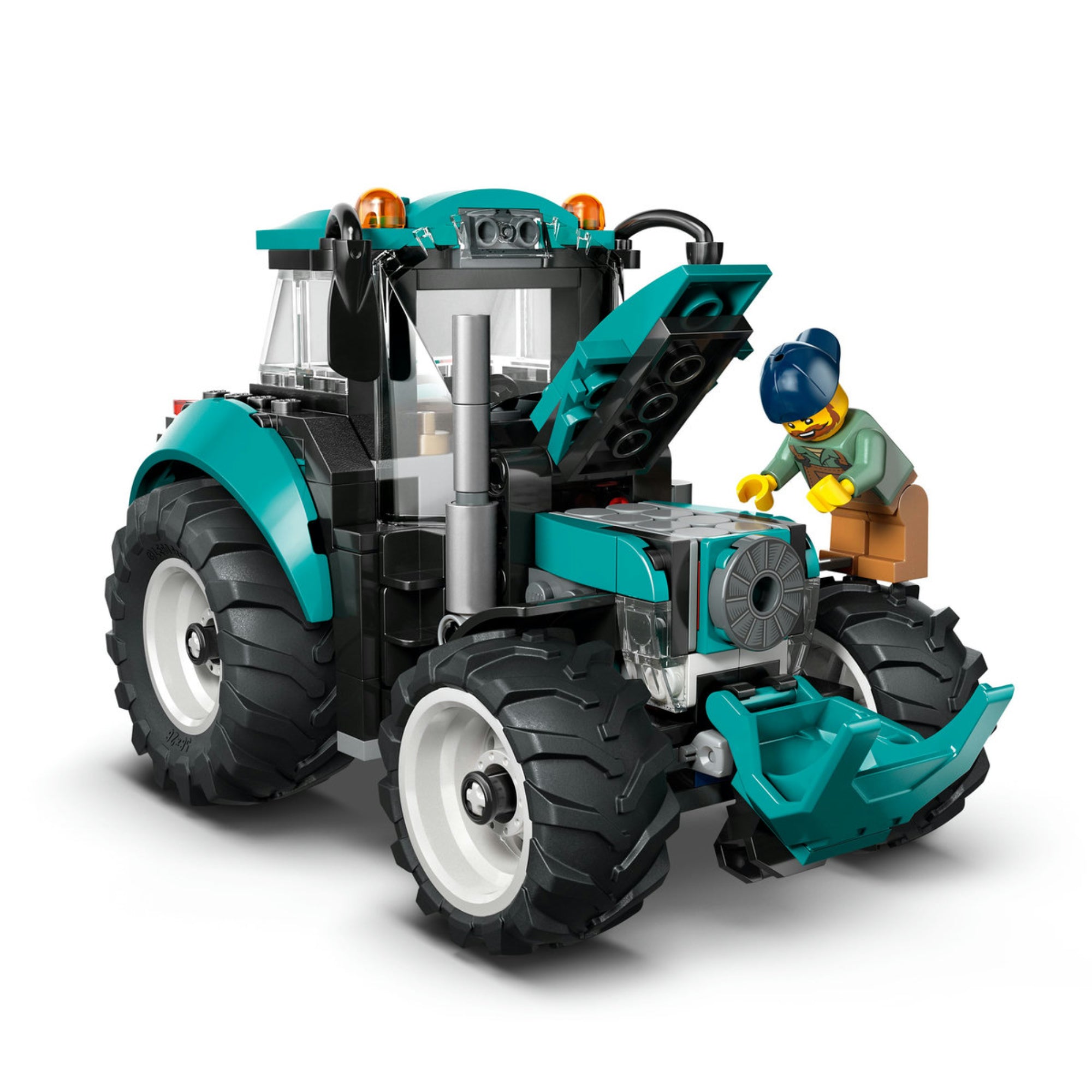 LEGO City Tractor (60498) – a traktor nyitott motorháztetővel, szerelést végző minifigurával.