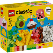 Kép a LEGO Classic Kreatív Ételek (11039) készletről, amely színes építőkockákat és vidám modelleket, például muffint, jégkrémet, avokádót és tacót tartalmaz.