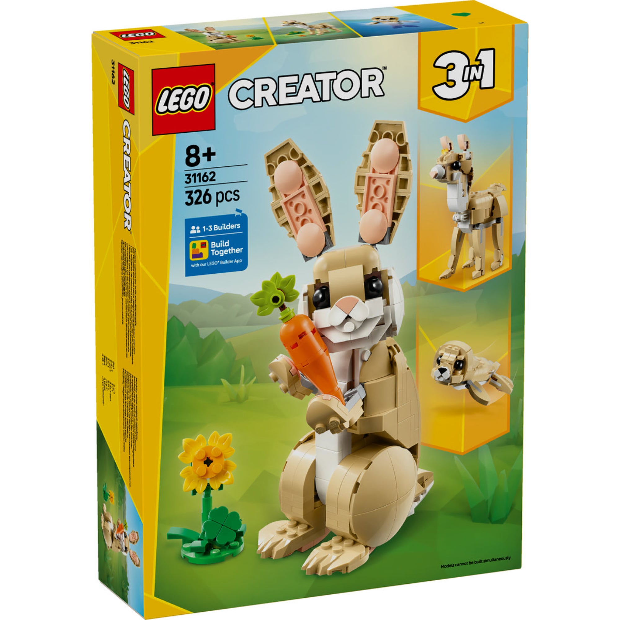 A LEGO Creator Aranyos Nyuszi 31162 készlet dobozának képe, amely bemutatja a felépített nyuszimodellt egy répával, mellette kisebb képekkel a két másik lehetséges modellel: egy láma és egy fóka. A háttérben természetes tájat láthatunk, ami a játék természetközeli hangulatát erősíti meg.