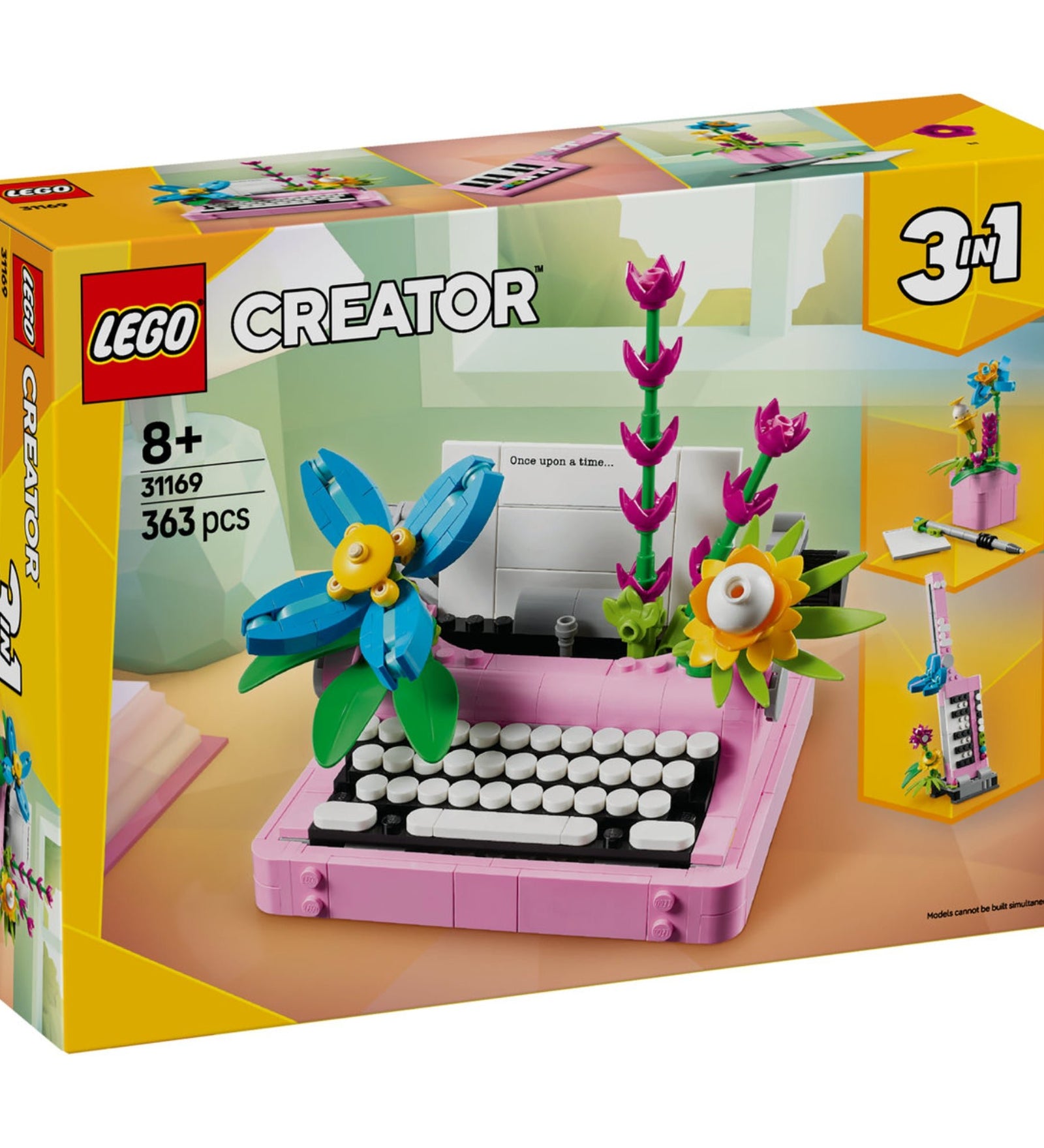A LEGO Creator 3 az 1-ben Írógép virágokkal 31169 doboza, amelyen az írógép, gitár és virágcserepes modellek láthatók, színes és élénk kialakításban.