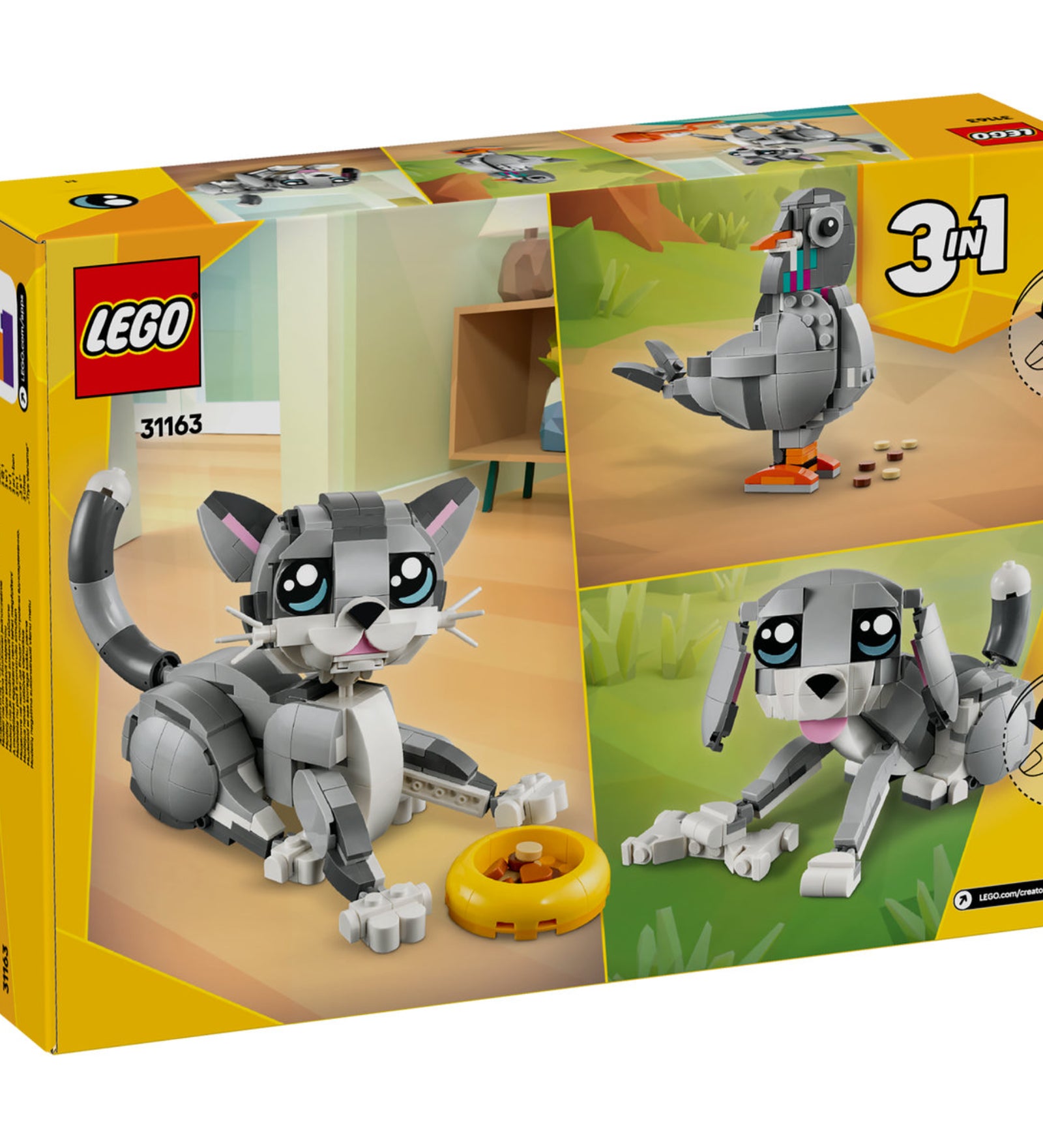 A LEGO Creator 3 az 1-ben Játékos Macska 31163 készlet dobozának hátoldala, ahol három lehetséges állatmodell látható: egy macska, egy kutya, és egy galamb, amelyek a készletből építhetők meg. A háttérben otthonos környezetben jelenik meg minden modell, amely fokozza a játékélményt.