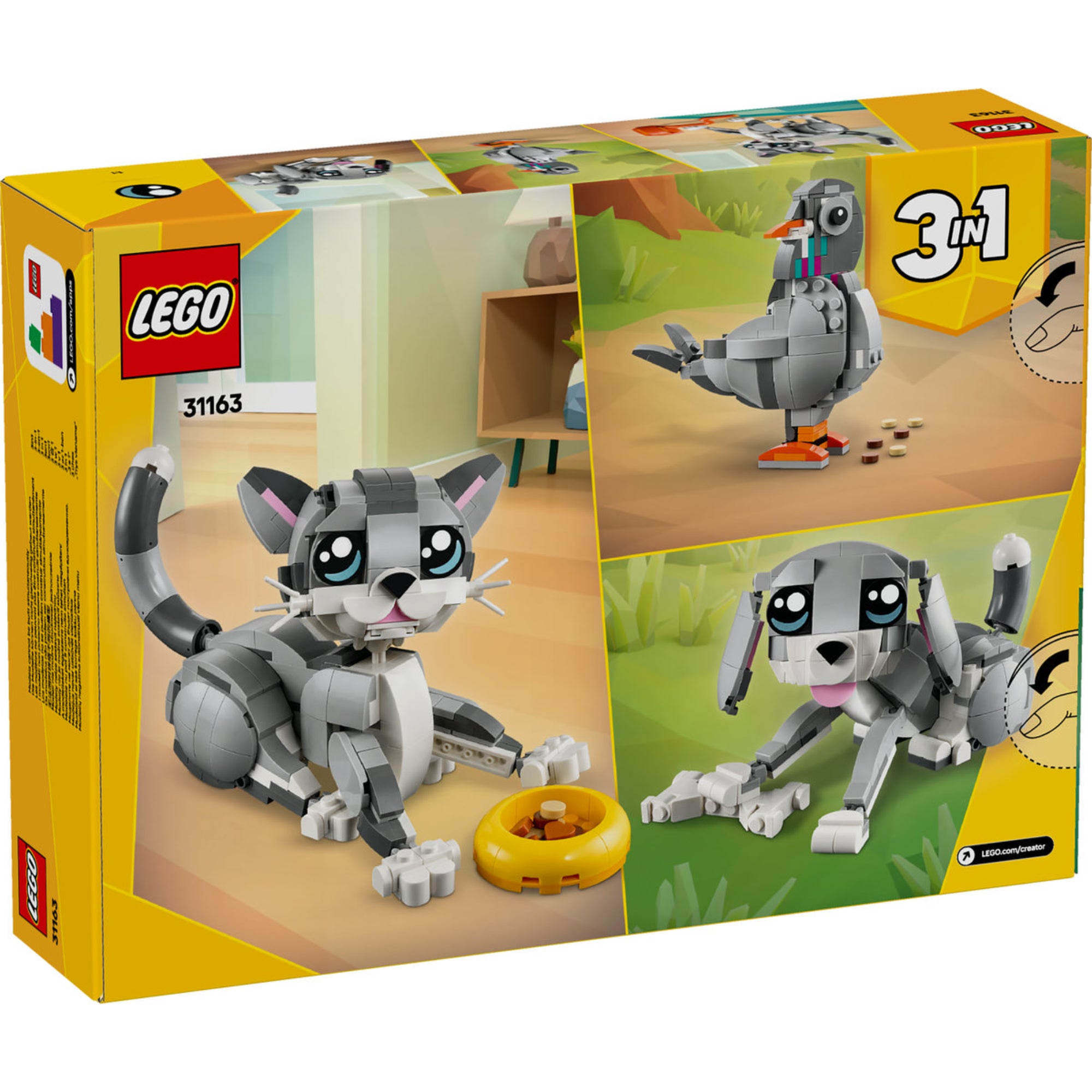 A LEGO Creator 3 az 1-ben Játékos Macska 31163 készlet dobozának hátoldala, ahol három lehetséges állatmodell látható: egy macska, egy kutya, és egy galamb, amelyek a készletből építhetők meg. A háttérben otthonos környezetben jelenik meg minden modell, amely fokozza a játékélményt.