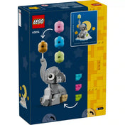 LEGO Baby Elephant in the Sky: Elefántbébi az égben 40814 készlet hátoldali dobozképe, amely bemutatja a cserélhető színű léggömböket és a dekoratív kiállítási modellt.