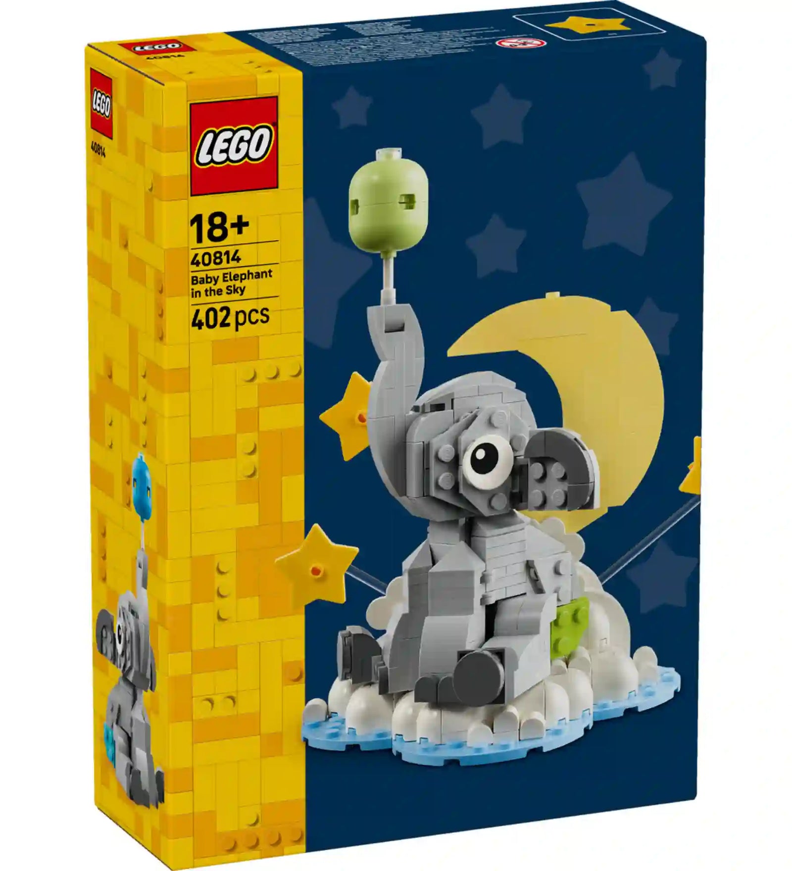 LEGO Baby Elephant in the Sky: Elefántbébi az égben 40814 készlet dobozképe, a felhőkön ülő elefántbébi modellel, holddal, csillagokkal és léggömbbel díszített jelenetben.