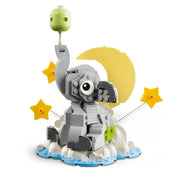 LEGO Baby Elephant in the Sky: Elefántbébi az égben 40814 megépített díszmodell felhőalappal, sárga holddal, csillagokkal és világoszöld léggömbbel, fehér háttéren.