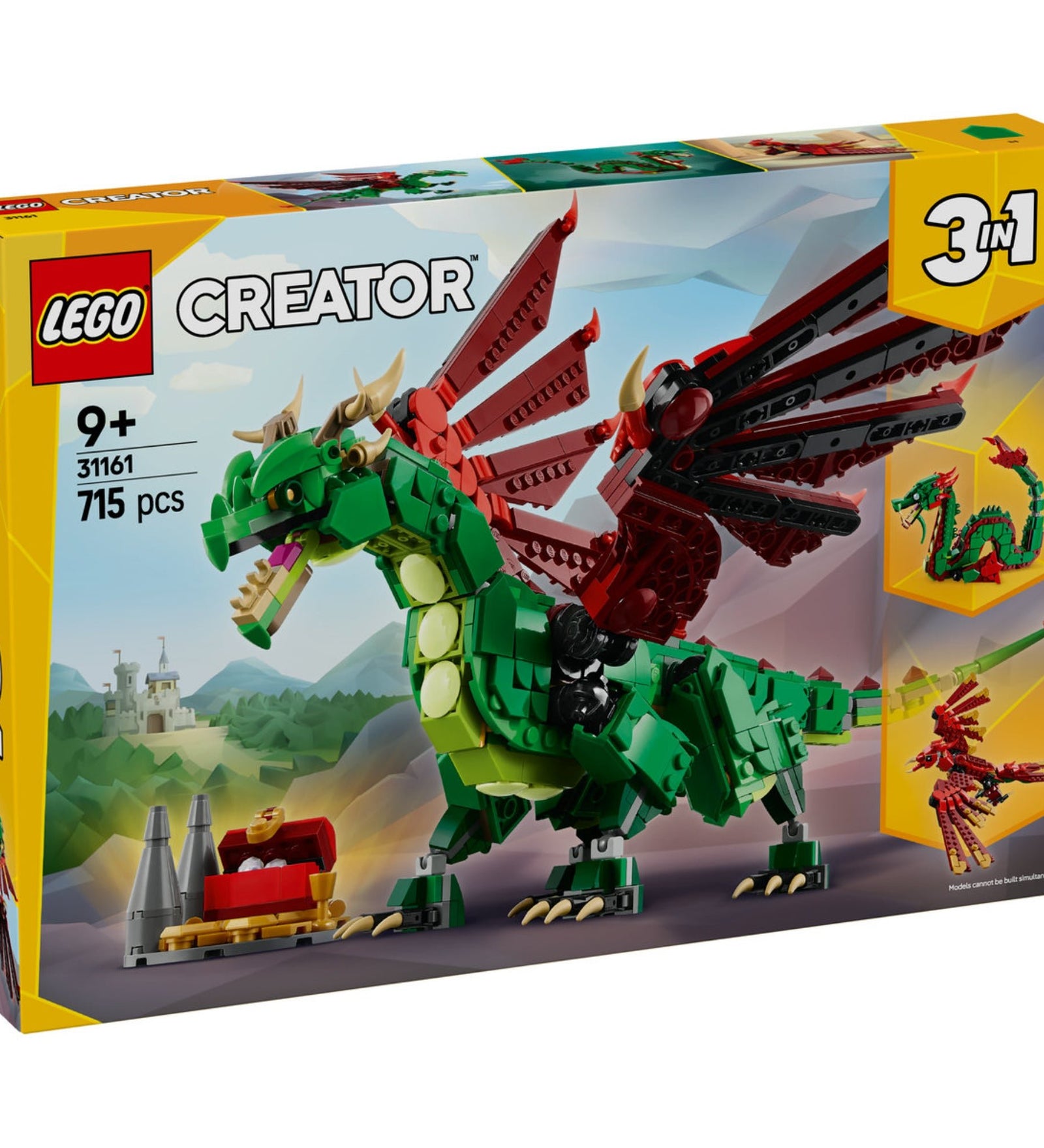 A LEGO Creator Középkori Sárkány 31161 készlet doboza, amelyen a középkori sárkány díszes modellje látható nagy, állítható szárnyakkal és kincsesládával, valamint a háttérben látható két alternatív modell: egy tengeri kígyó és egy főnix.