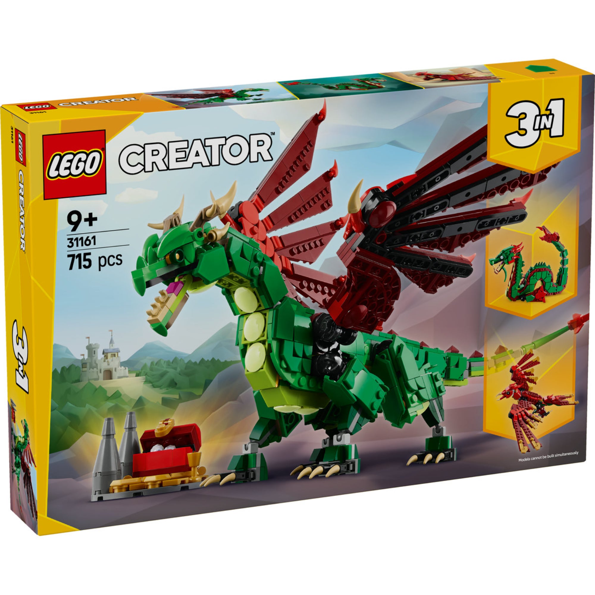A LEGO Creator Középkori Sárkány 31161 készlet doboza, amelyen a középkori sárkány díszes modellje látható nagy, állítható szárnyakkal és kincsesládával, valamint a háttérben látható két alternatív modell: egy tengeri kígyó és egy főnix.