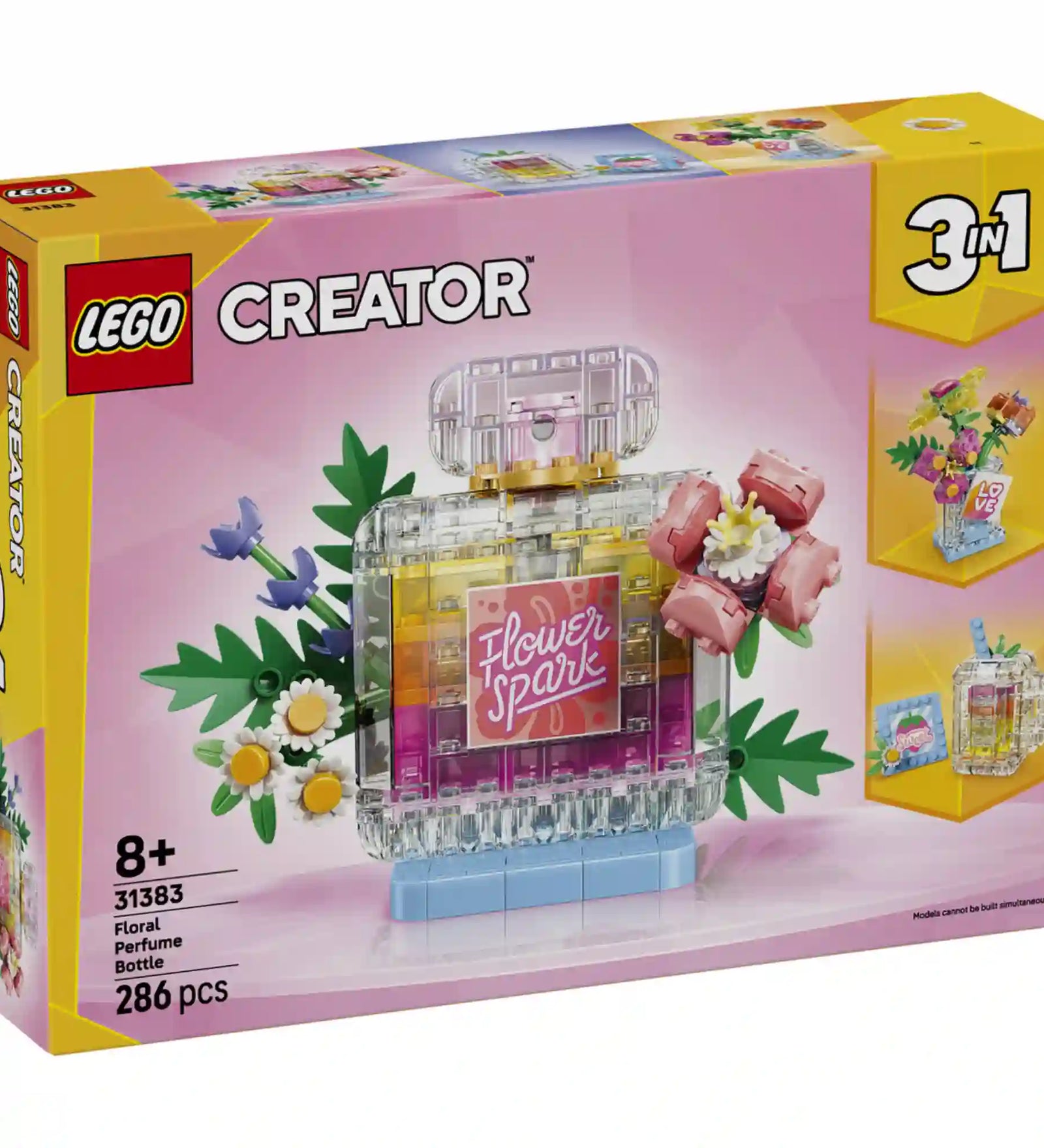LEGO Creator Virágos parfümös üveg (31383) készlet elölnézeti dobozképe, a virágokkal dekorált átlátszó parfümös üveg modell és a két alternatív építési változat ábrázolásával.
