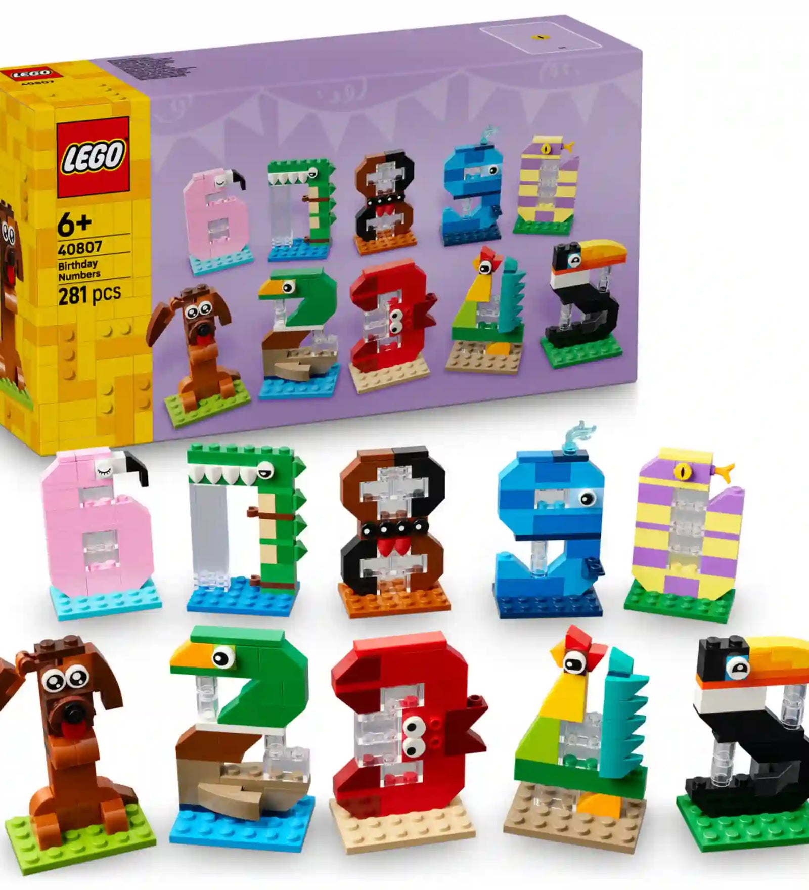 LEGO Birthday Numbers: Születésnapi számok 40807 készlet dobozképe és megépített modelljei, ahol a 0–9 számok vidám állatfigurákként és karakterekként jelennek meg.