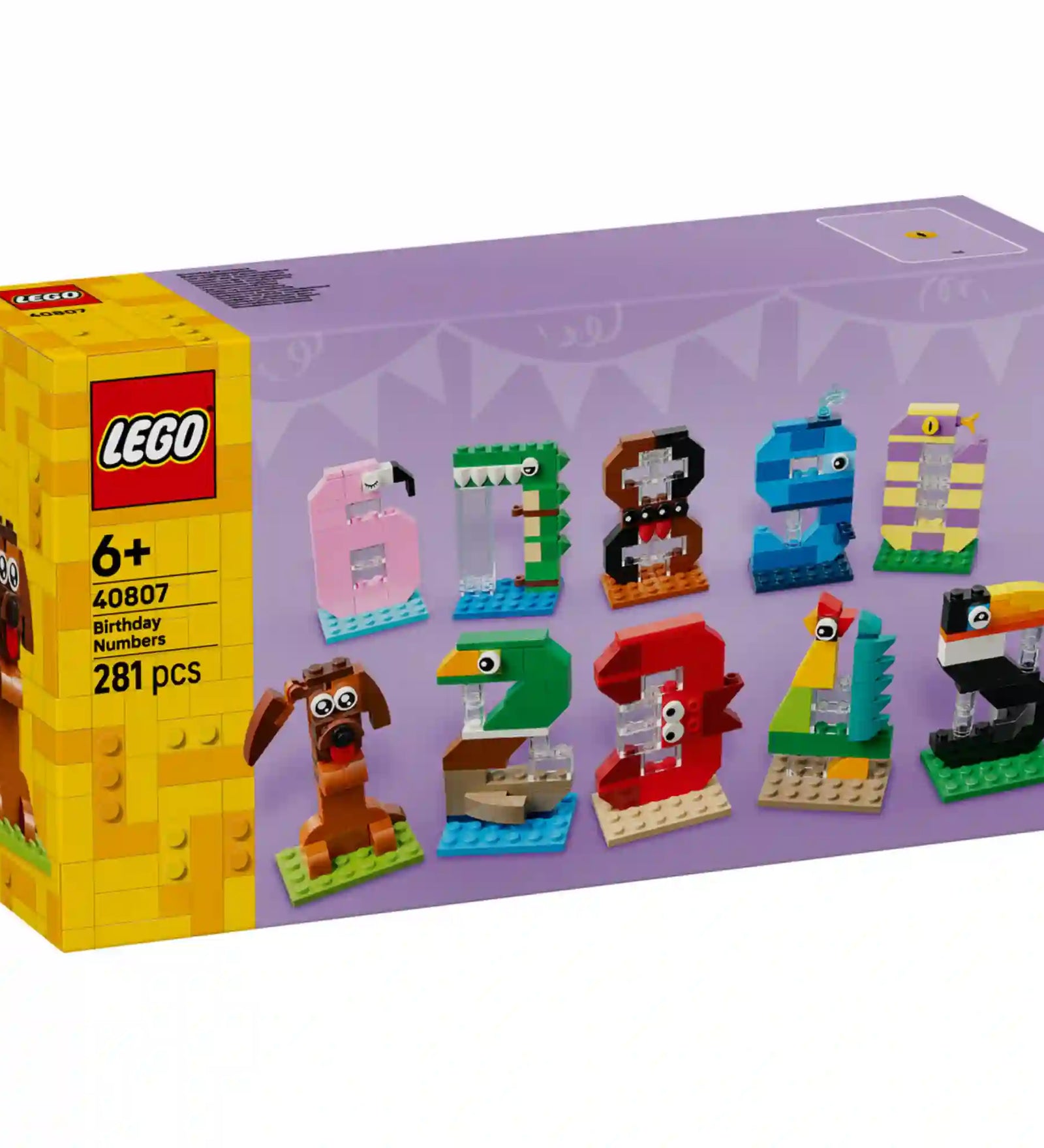 LEGO Birthday Numbers: Születésnapi számok 40807 készlet dobozképe, összes megépíthető száma és figurája fehér háttéren, színes állatokat és karaktereket idéző számjegyekkel.
