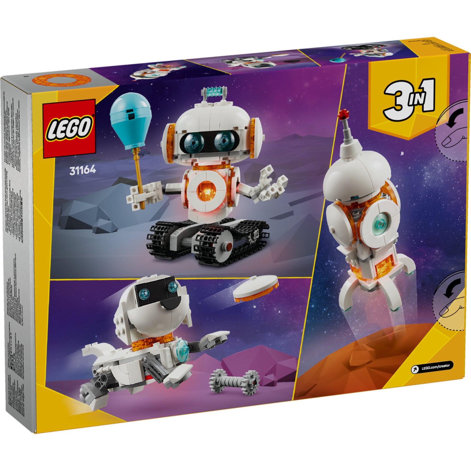 A LEGO Creator 31164 Űrrobot hátoldala, amely három különböző modellt tartalmaz: egy robotot, egy űrkutyát és egy rakétát, mind hátterében a lila űrben és sziklás terepen. A doboz a "3 az 1-ben" jelzést és a világító funkciót hangsúlyozza, amely a robot mellkasának megvilágítására szolgál.