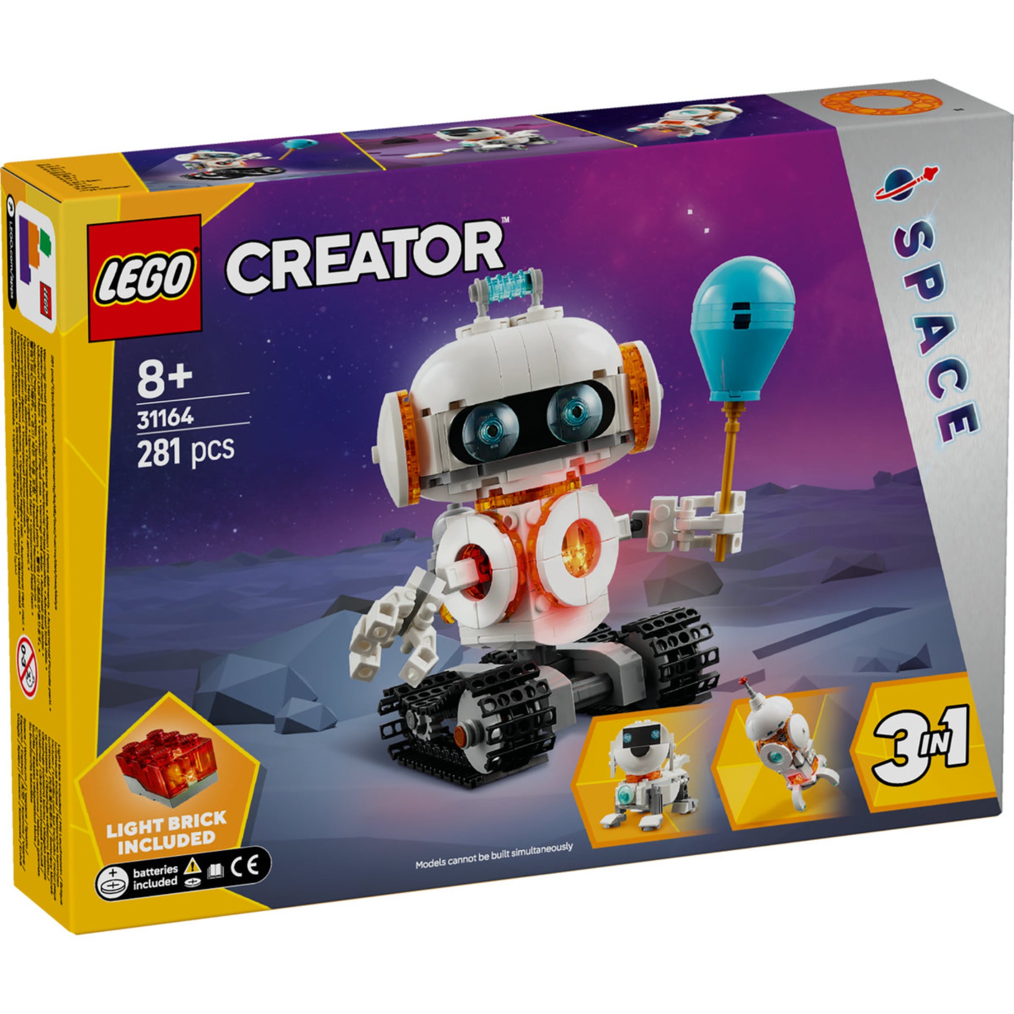 Egy LEGO Creator 3 az 1-ben Űrrobot 31164 doboza, amely háromféle modellt mutat be: egy robotot lánctalpakon, egy állítható űrkutyát és egy űrrakétát. A robot fő funkciója egy világító mellkas, a háttérben űrszerű tájjal és lila égbolttal.