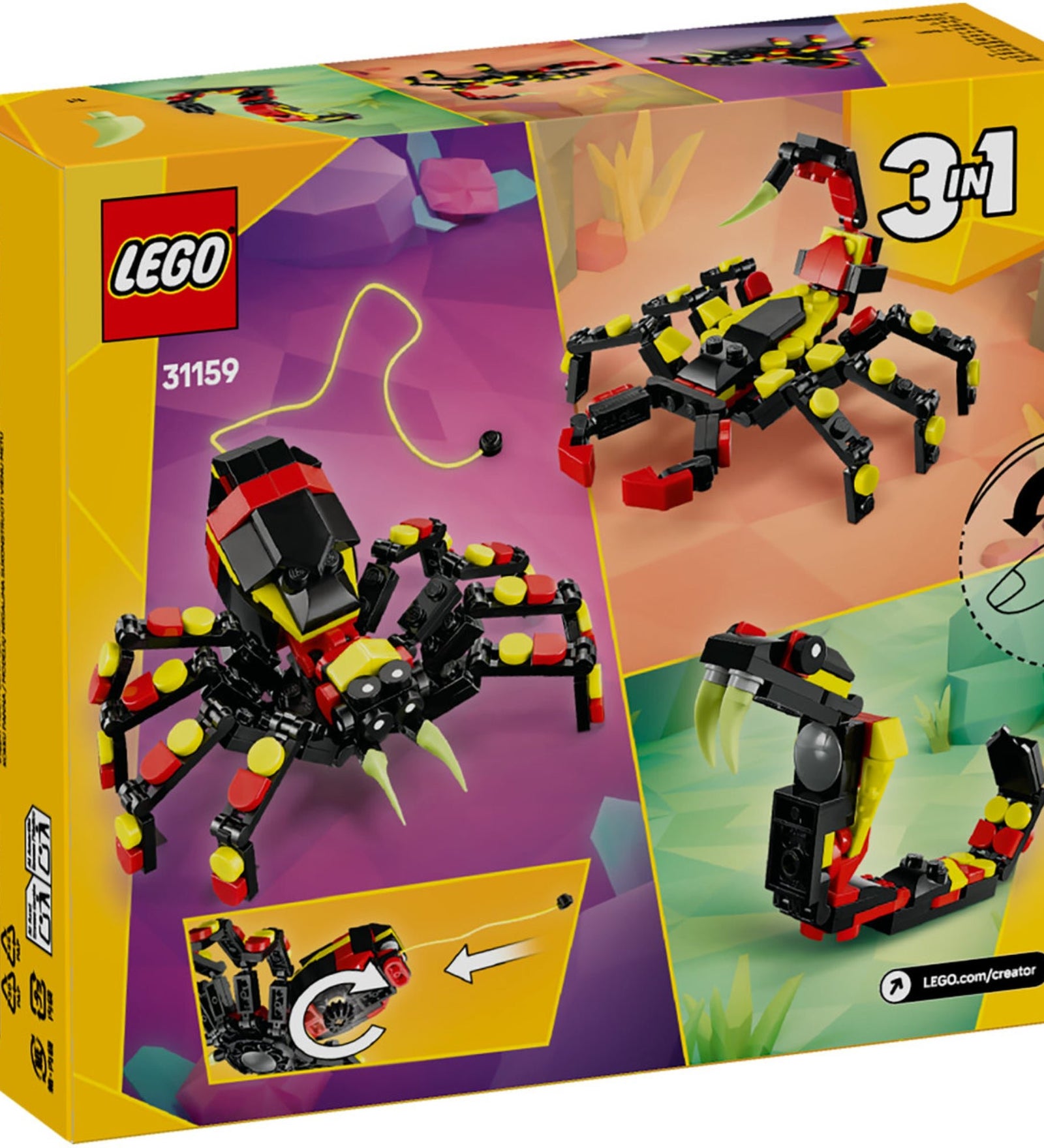 A LEGO Creator Vadállatok: Meglepő Pók 31159 készlet dobozának hátoldala, amely bemutatja a három lehetséges modelt, amelyeket a készletből lehet építeni: egy pókot, egy skorpiót, és egy kígyót. Mindhárom modell színes és részletes, hangsúlyozva a készlet sokoldalúságát és a különböző állatfigurák építési lehetőségeit.