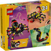 A LEGO Creator Vadállatok: Meglepő Pók 31159 készlet dobozának hátoldala, amely bemutatja a három lehetséges modelt, amelyeket a készletből lehet építeni: egy pókot, egy skorpiót, és egy kígyót. Mindhárom modell színes és részletes, hangsúlyozva a készlet sokoldalúságát és a különböző állatfigurák építési lehetőségeit.