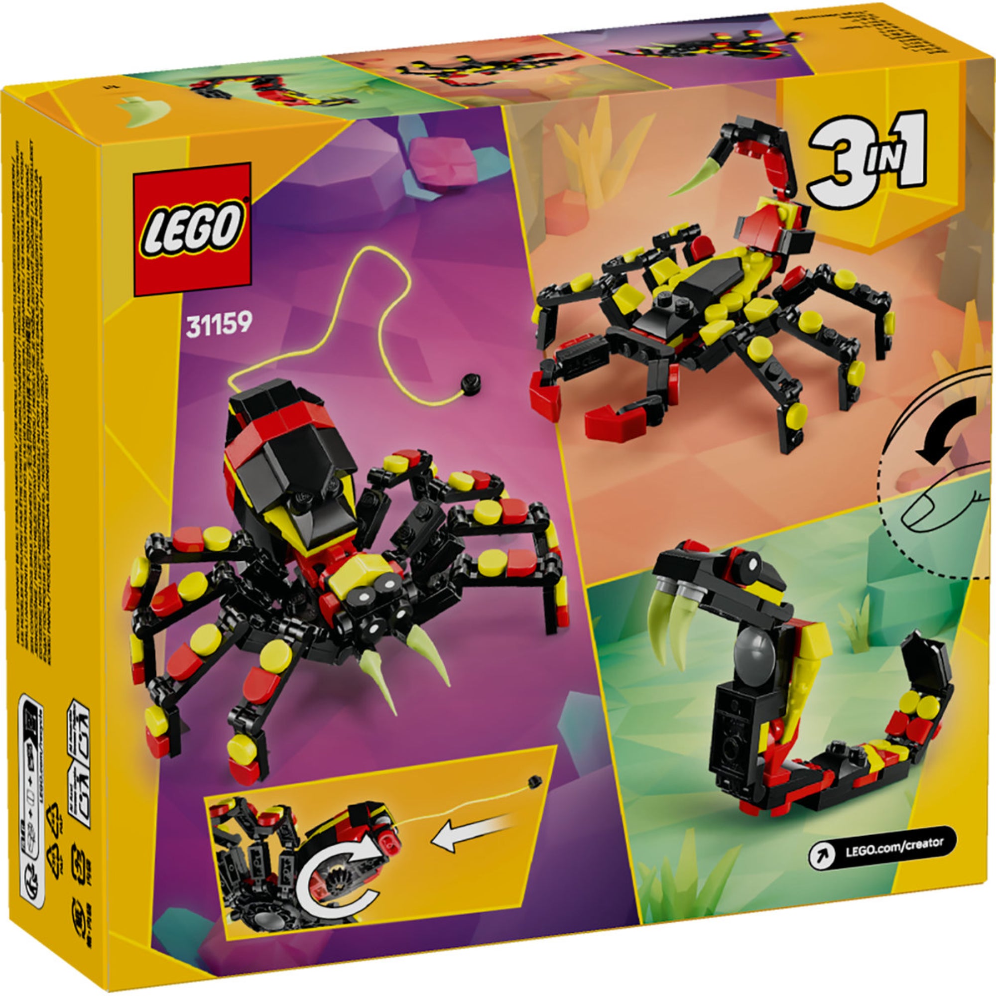 A LEGO Creator Vadállatok: Meglepő Pók 31159 készlet dobozának hátoldala, amely bemutatja a három lehetséges modelt, amelyeket a készletből lehet építeni: egy pókot, egy skorpiót, és egy kígyót. Mindhárom modell színes és részletes, hangsúlyozva a készlet sokoldalúságát és a különböző állatfigurák építési lehetőségeit.