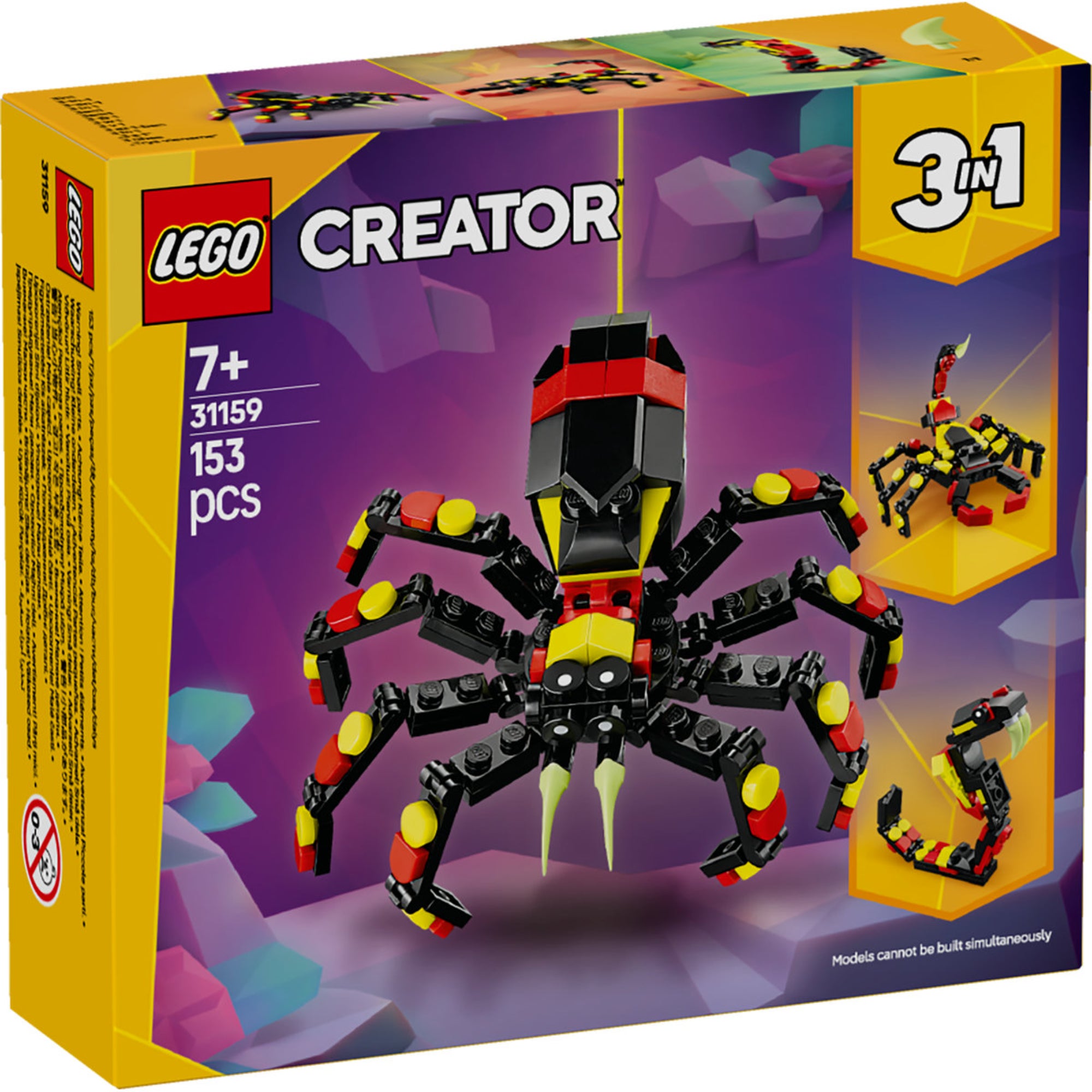A LEGO Creator Vadállatok: Meglepő Pók 31159 készlet doboza, amely bemutatja a fő modellt, a színes pókot, és az alternatív modelleket, a skorpiót és a kígyót, minden részletet kiemelve a sokoldalú és szórakoztató építési lehetőségekről.