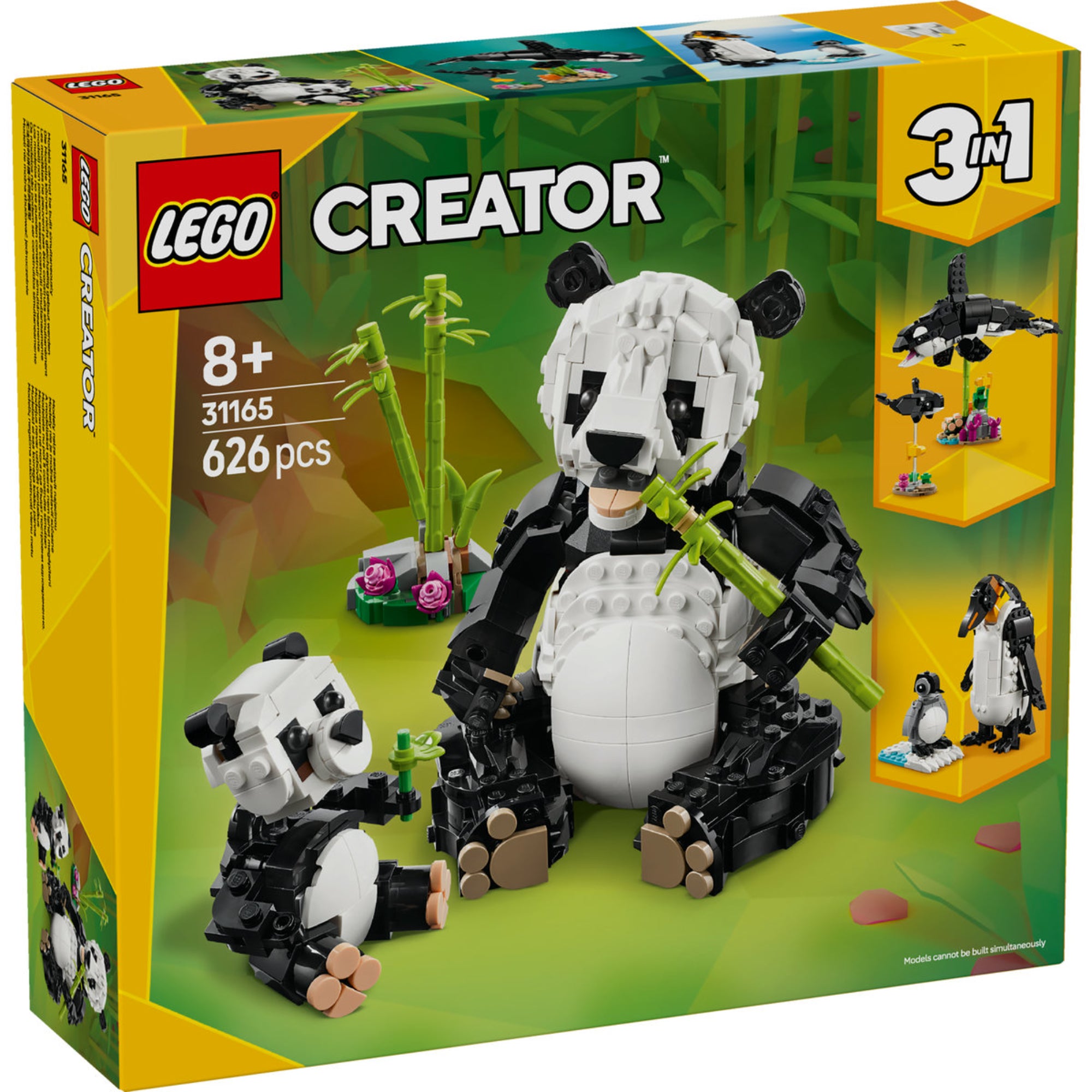 LEGO Creator 3 az 1-ben Vadállatok: Panda család 31165 dobozkép, melyen egy felnőtt és egy kölyök panda látható, bambusszal és további állati modellekkel.