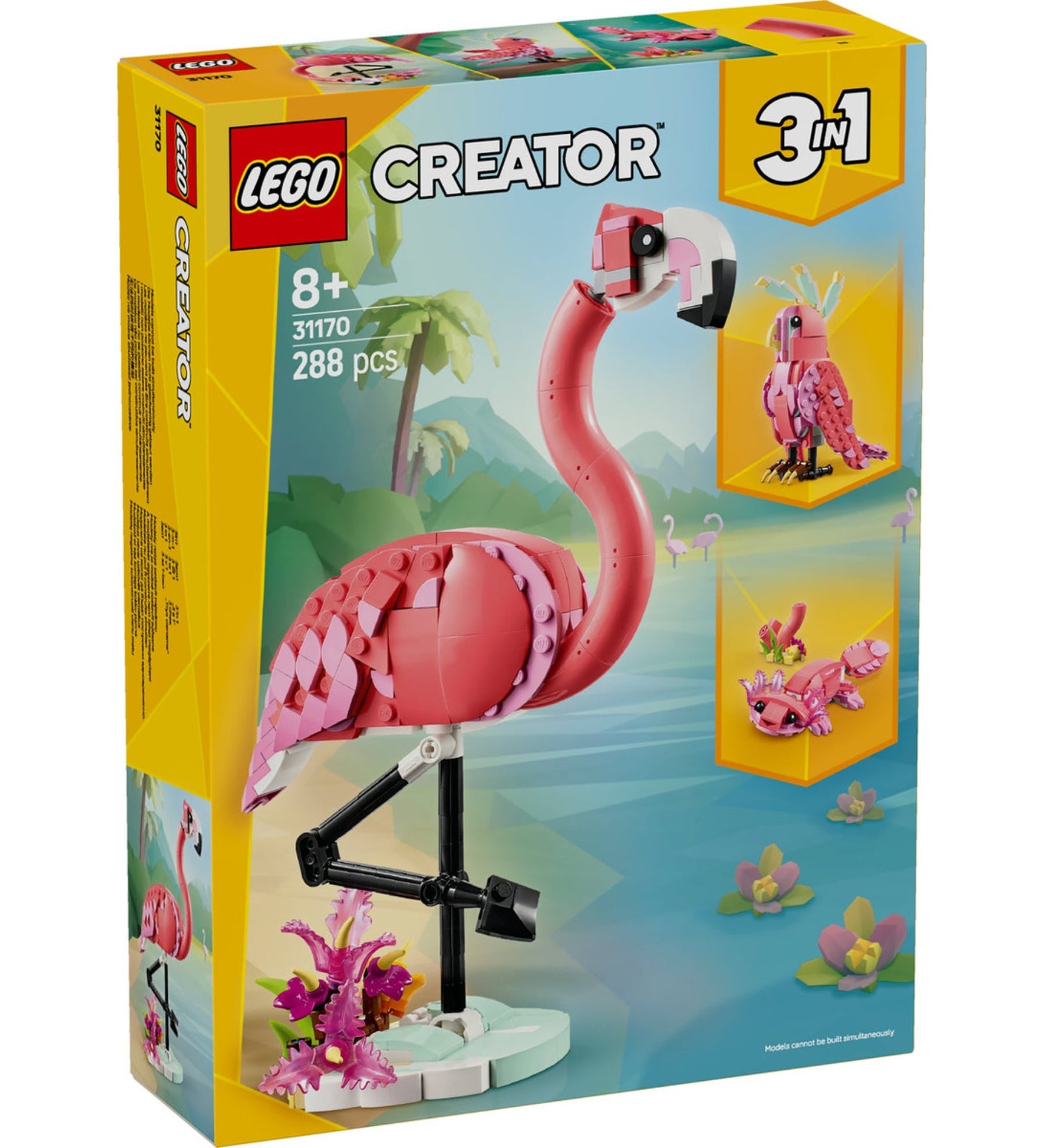 Ez a kép a LEGO Creator 3 az 1-ben Vadállatok: Rózsaszín Flamingó (31170) készlet dobozát mutatja be. A készlet 288 darabból áll, és három különböző építési lehetőséget kínál: egy elegáns rózsaszín flamingót, egy színpompás kakadut és egy aranyos axolotlt. A flamingó egy stabil állványon pihen, amelyet növények díszítenek. 