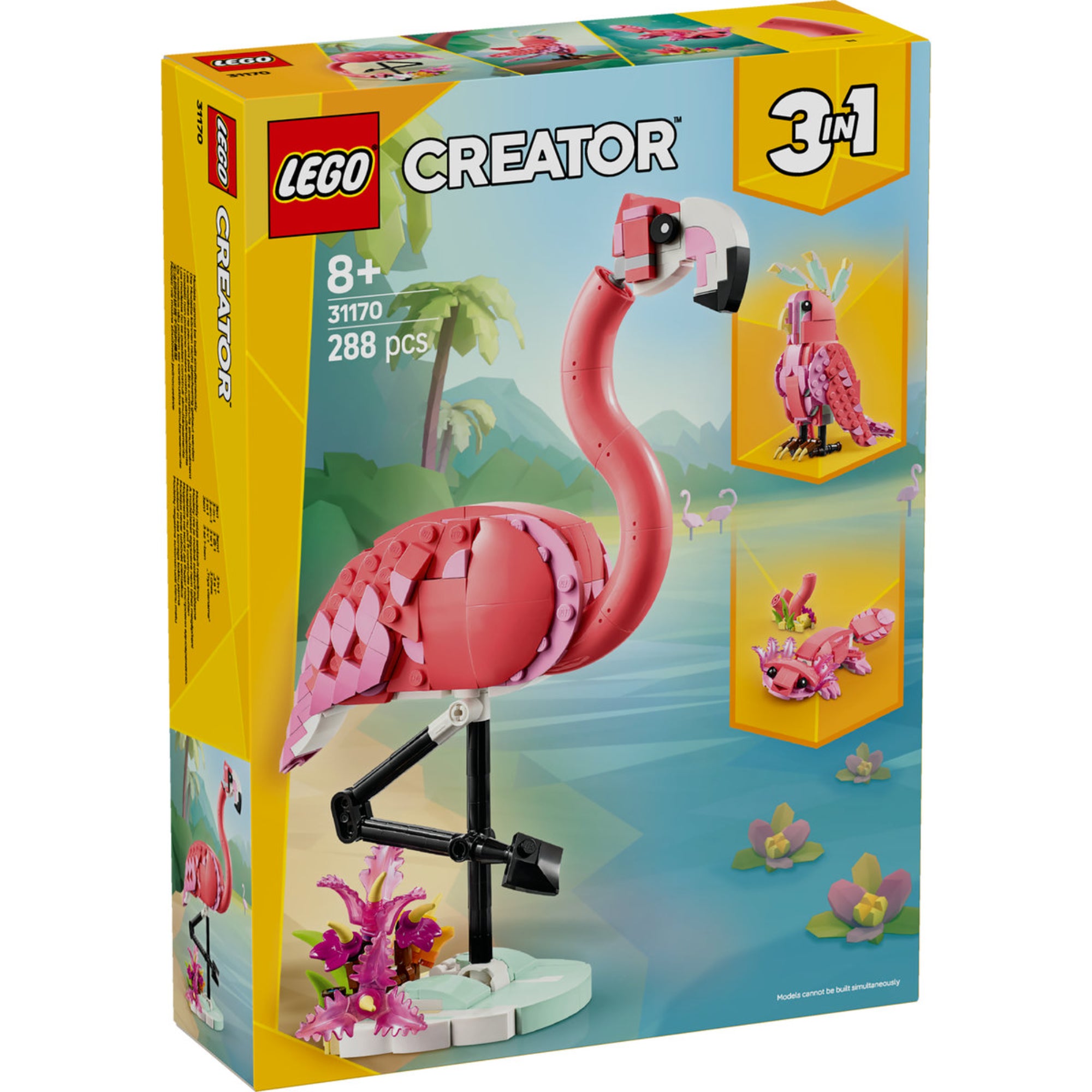 Ez a kép a LEGO Creator 3 az 1-ben Vadállatok: Rózsaszín Flamingó (31170) készlet dobozát mutatja be. A készlet 288 darabból áll, és három különböző építési lehetőséget kínál: egy elegáns rózsaszín flamingót, egy színpompás kakadut és egy aranyos axolotlt. A flamingó egy stabil állványon pihen, amelyet növények díszítenek. 