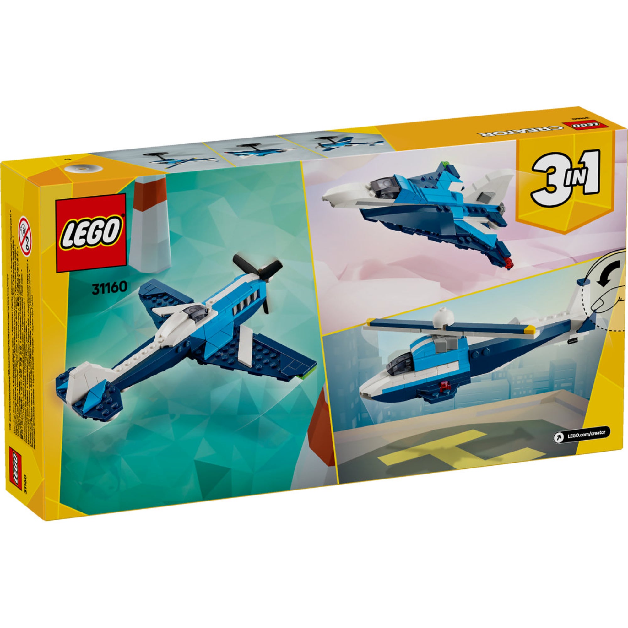 A LEGO Creator Versenyrepülő 31160 készlet dobozának hátoldala, amelyen három különböző építhető modell látható: egy kék szárnyas propelleres repülőgép, egy futurisztikus sugárhajtású repülőgép, és egy kék színű helikopter. A képek szemléltetik a készletek sokoldalúságát és átalakíthatóságát.