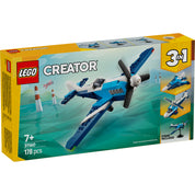A LEGO Creator Versenyrepülő 31160 készlet doboza, amely bemutatja az építhető repülőgép modellt forgó légcsavarral és mozgatható kerekekkel, valamint a doboz hátlapján a további két lehetséges modellt: a sugárhajtású repülőgépet és a helikoptert, mind a kockákból épített állvánnyal.