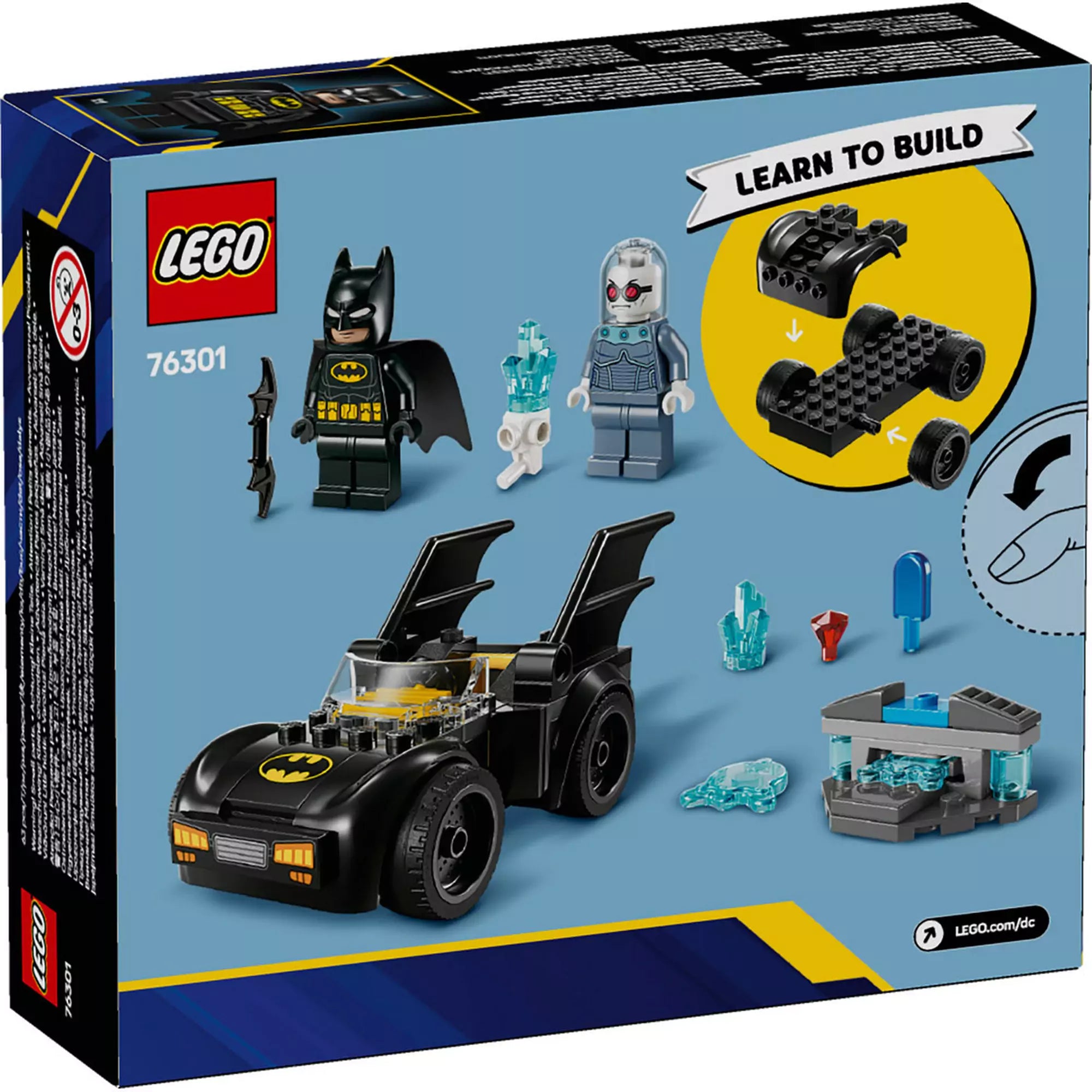 A LEGO DC Batman és a Batmobile vs. Mr. Freeze doboz hátoldala, amely bemutatja az építési folyamatot és az interaktív játékelemeket.